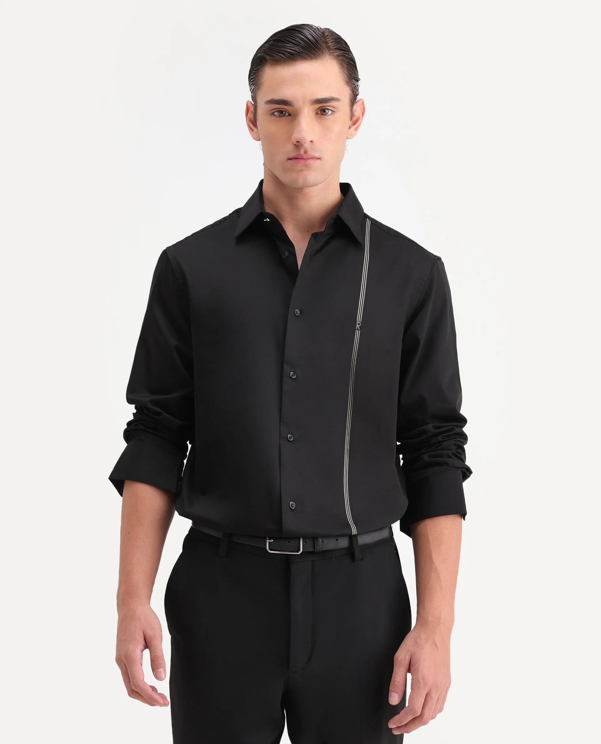 Rare Rabbit Men's Fump Black Cotton Jacquard Regular Fit Full Sleeve Collared Shirt