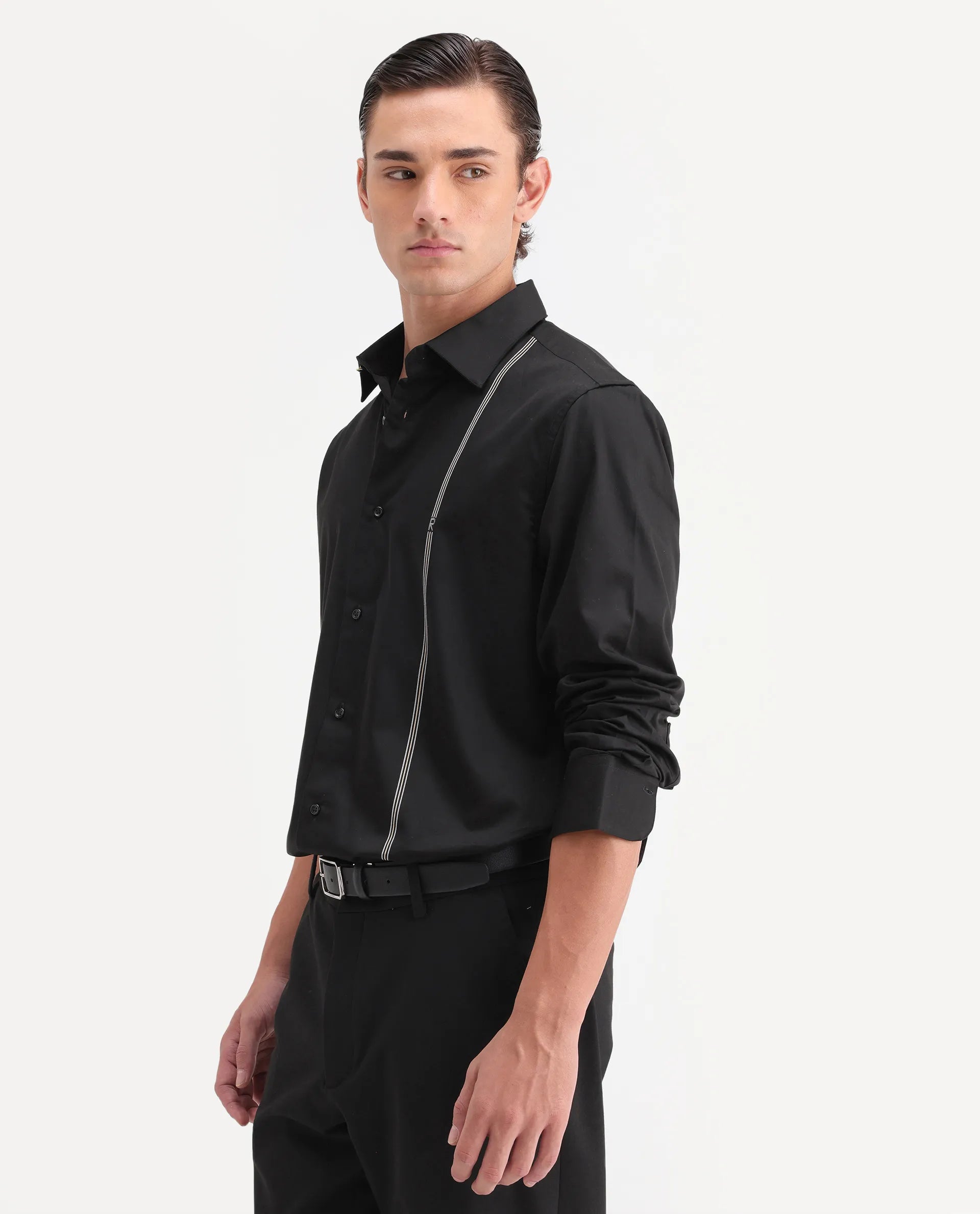 Rare Rabbit Men's Fump Black Cotton Jacquard Regular Fit Full Sleeve Collared Shirt