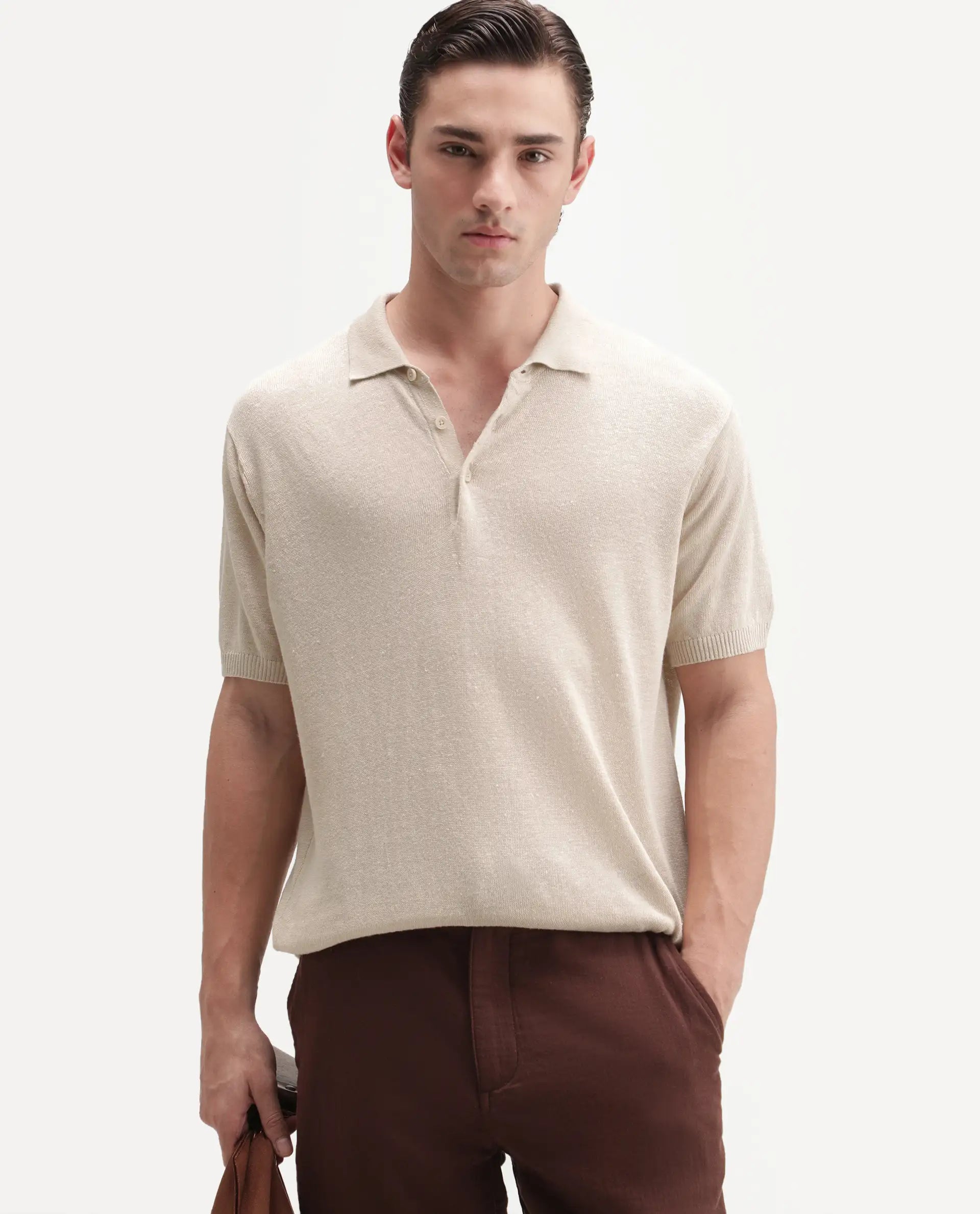 Rare Rabbit Men's Mekko-25 Beige Cotton Blend Plain Regular Fit Half Sleeve Polo
