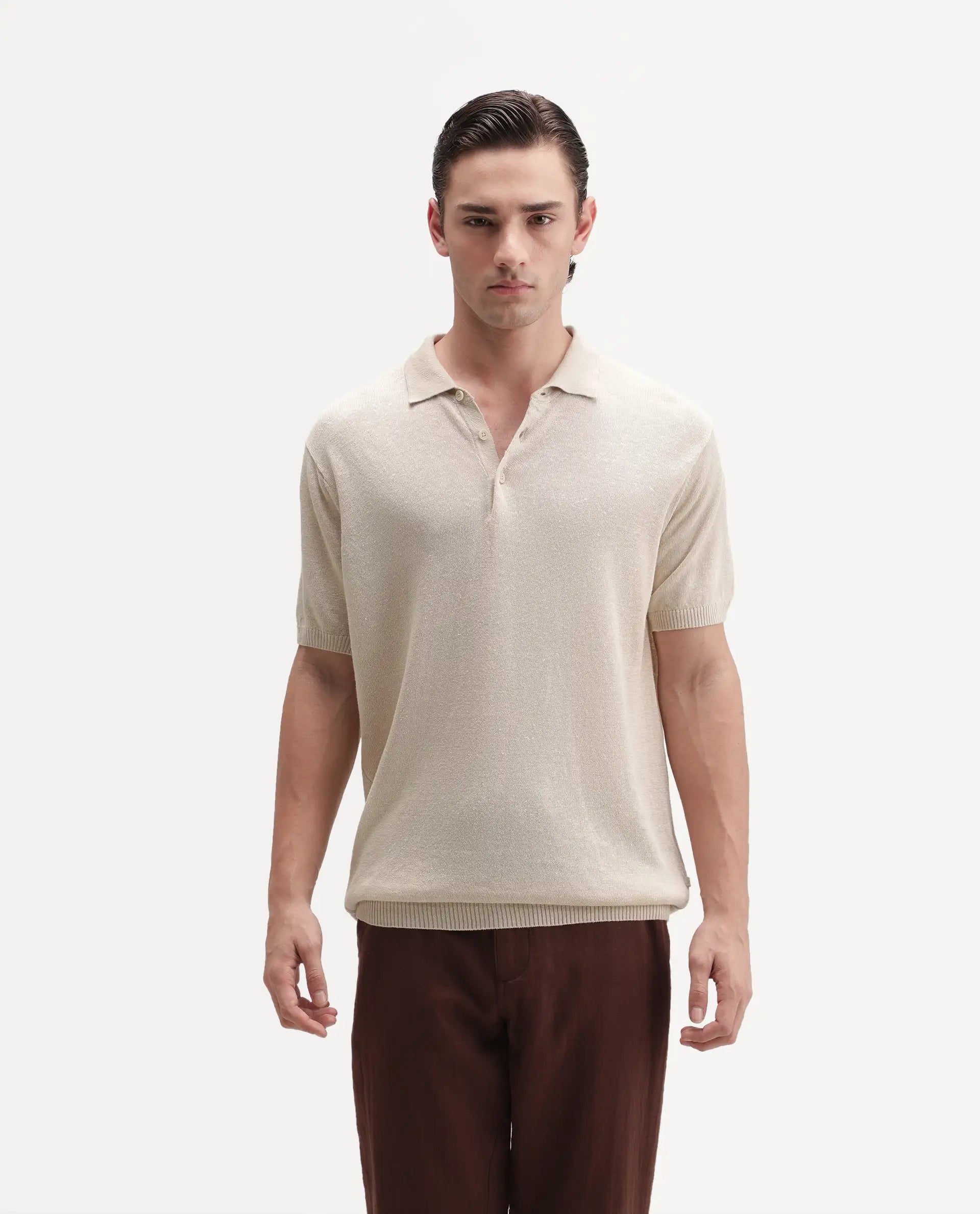 Rare Rabbit Men's Mekko-25 Beige Cotton Blend Plain Regular Fit Half Sleeve Polo