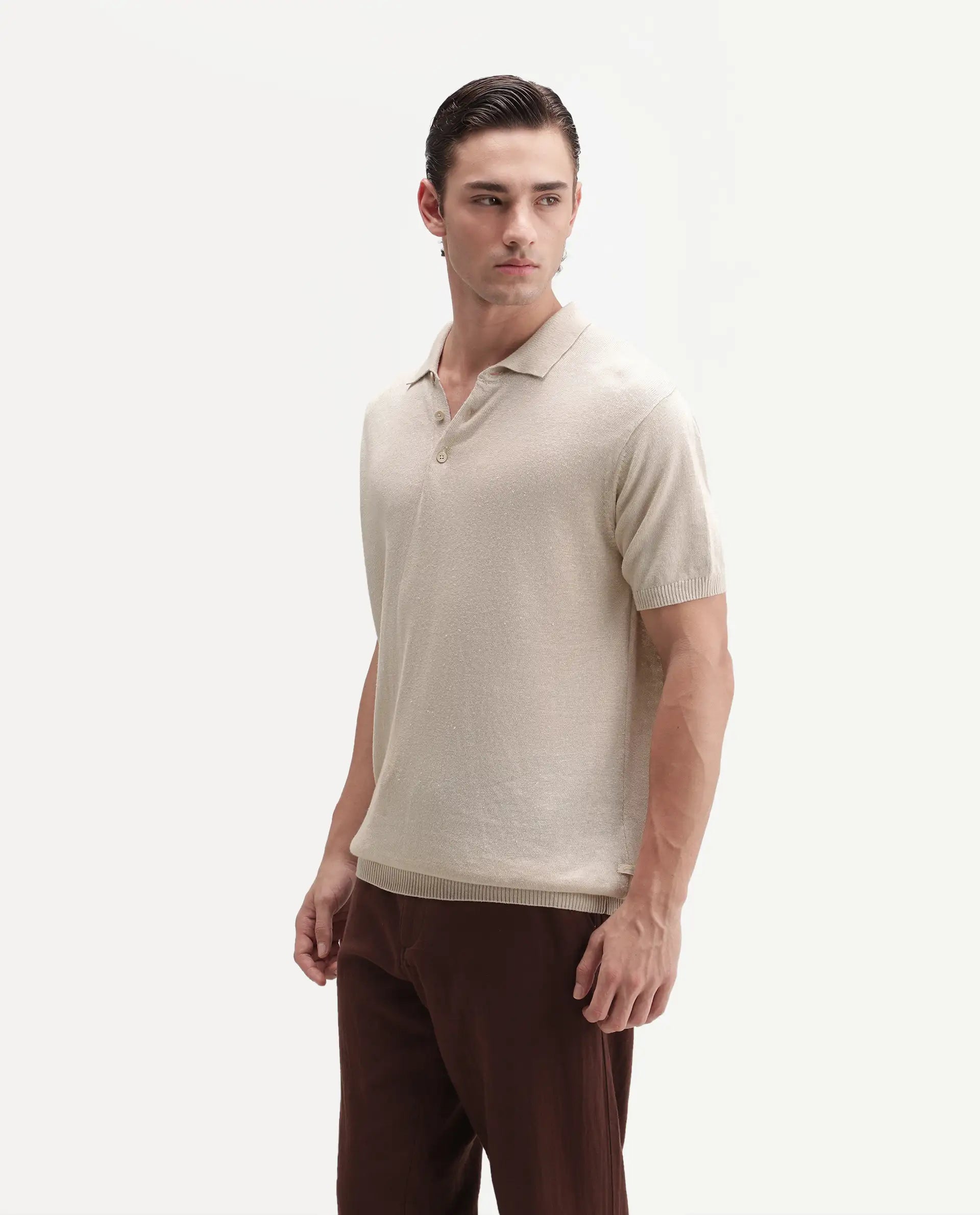 Rare Rabbit Men's Mekko-25 Beige Cotton Blend Plain Regular Fit Half Sleeve Polo