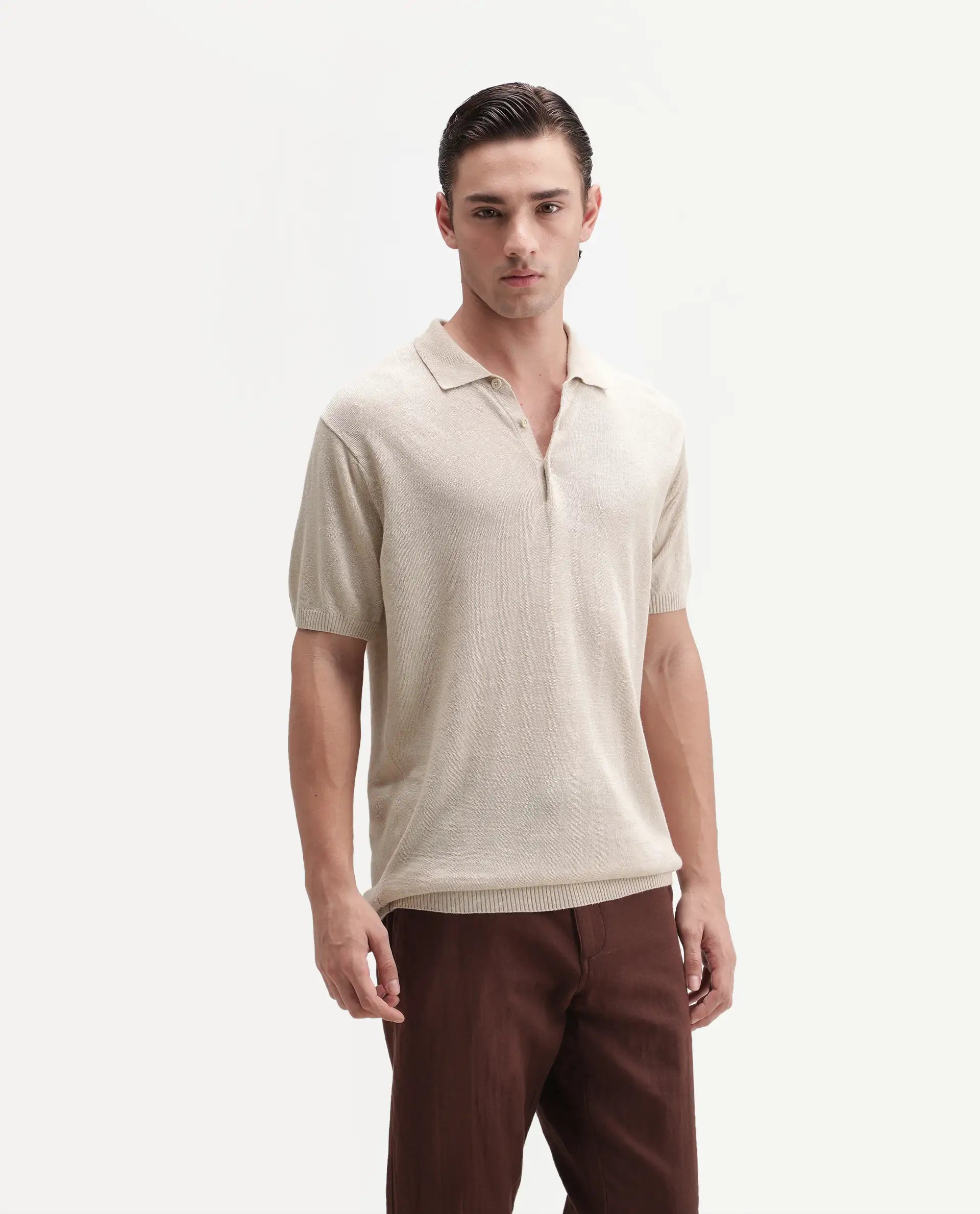 Rare Rabbit Men's Mekko-25 Beige Cotton Blend Plain Regular Fit Half Sleeve Polo