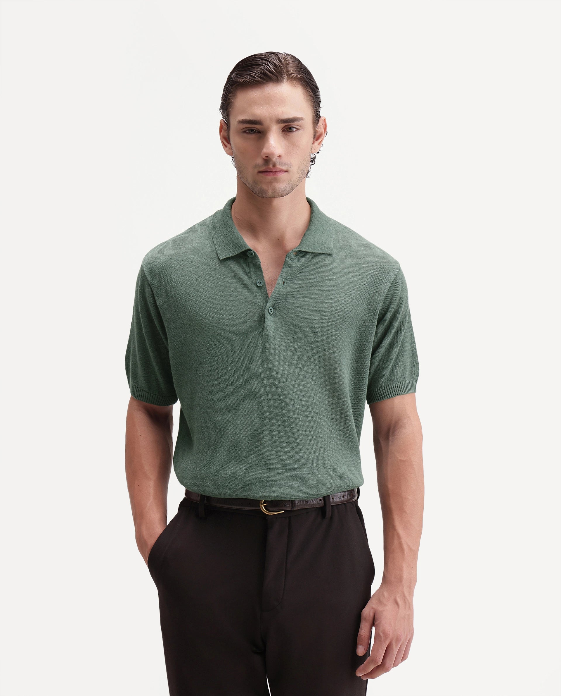 Rare Rabbit Men's Mekko-25 Green Cotton Blend Plain Regular Fit Half Sleeve Polo