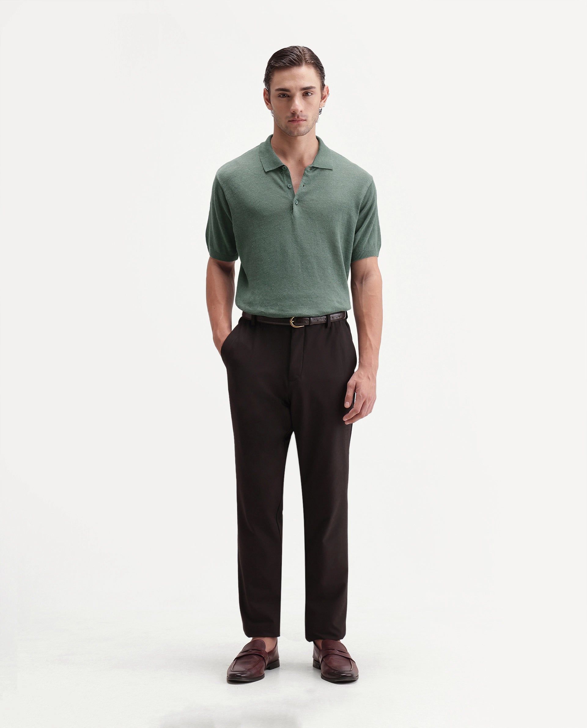 Rare Rabbit Men's Mekko-25 Green Cotton Blend Plain Regular Fit Half Sleeve Polo