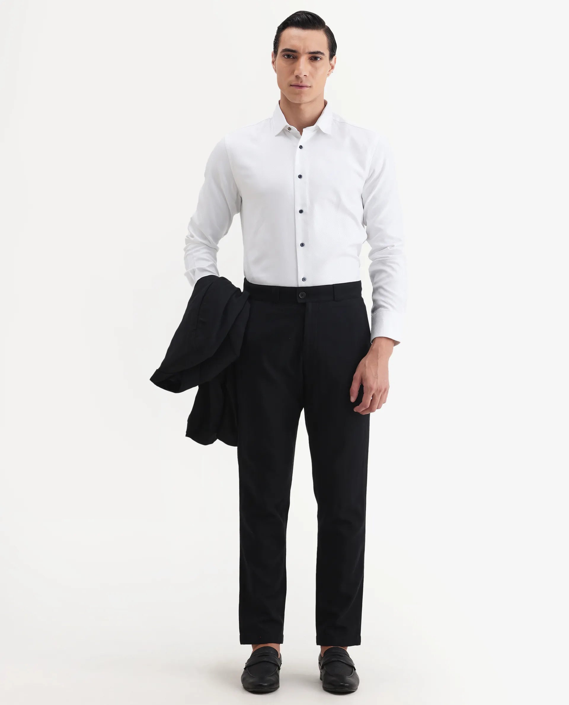 Rare Rabbit Men Jacky Black Cotton Fabric Button And Zip Closure Closure Regular Fit Jacquard Trouser