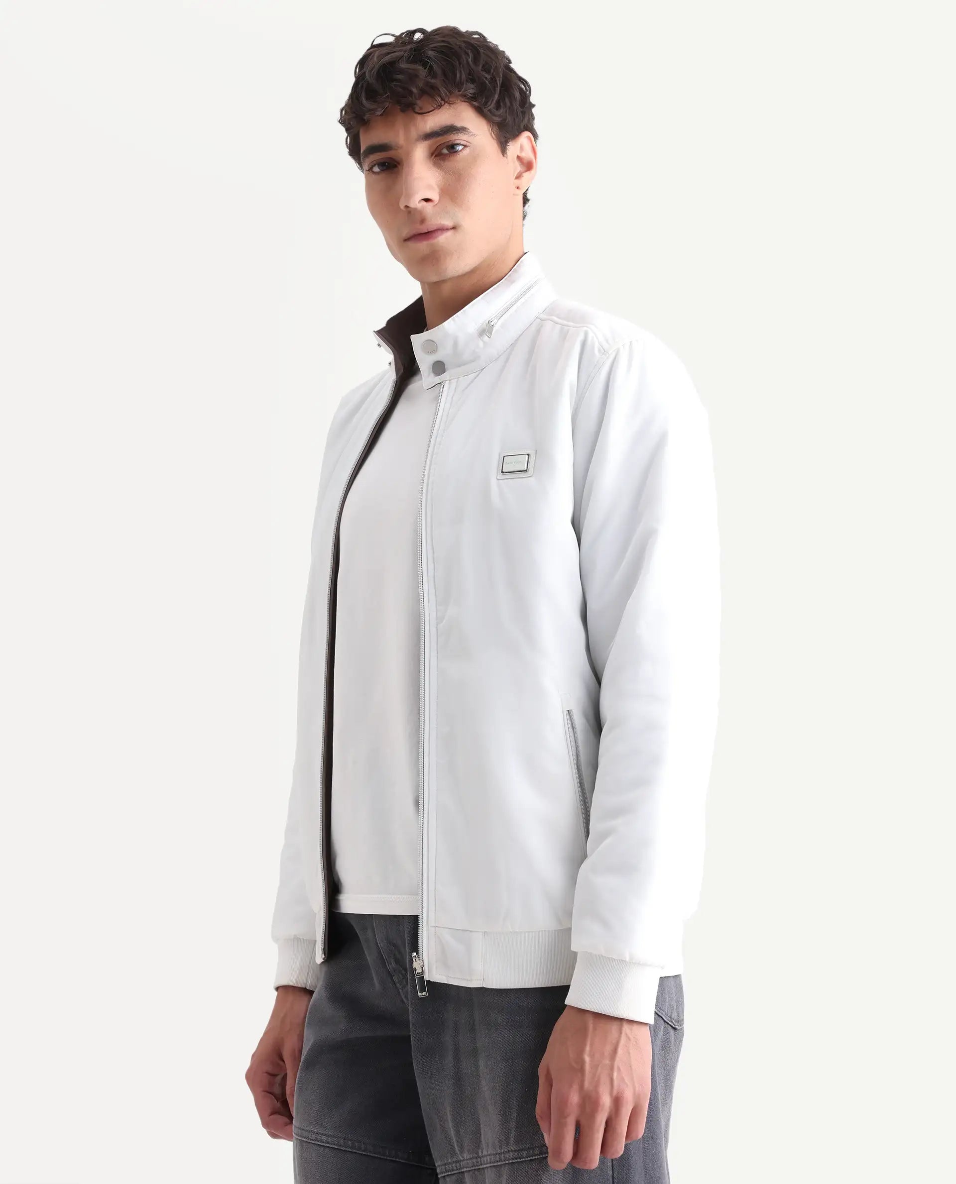 Rare Rabbit Men's Royban-25 Off White Polyester Plain Regular Fit Full Sleeve High Neck Jacket