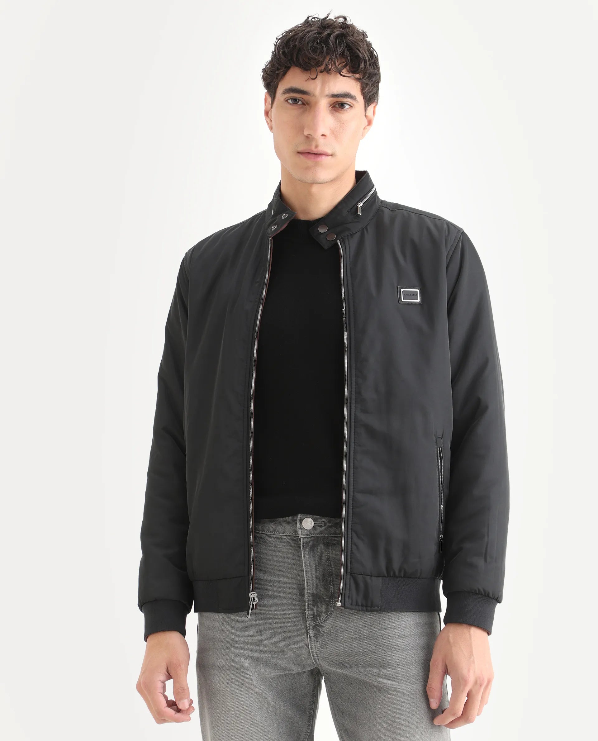 Rare Rabbit Men's Royban-25 Black Polyester Plain Regular Fit Full Sleeve High Neck Jacket