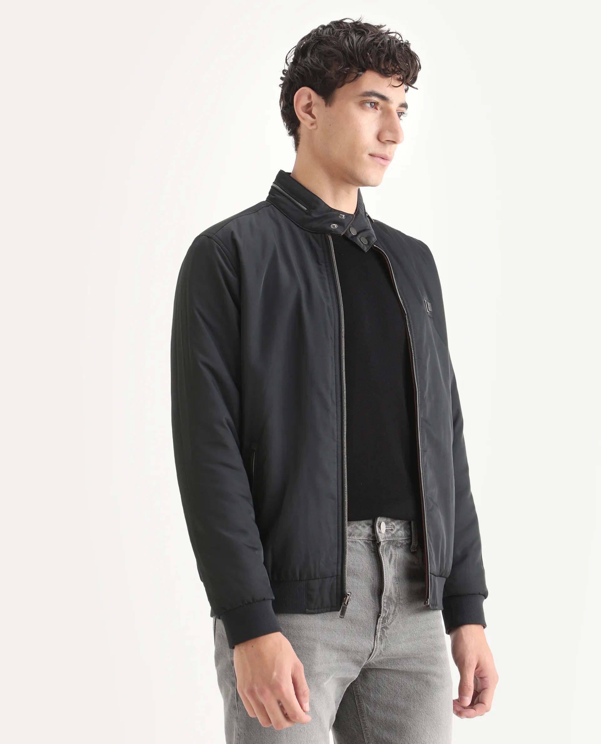 Rare Rabbit Men's Royban-25 Black Polyester Plain Regular Fit Full Sleeve High Neck Jacket