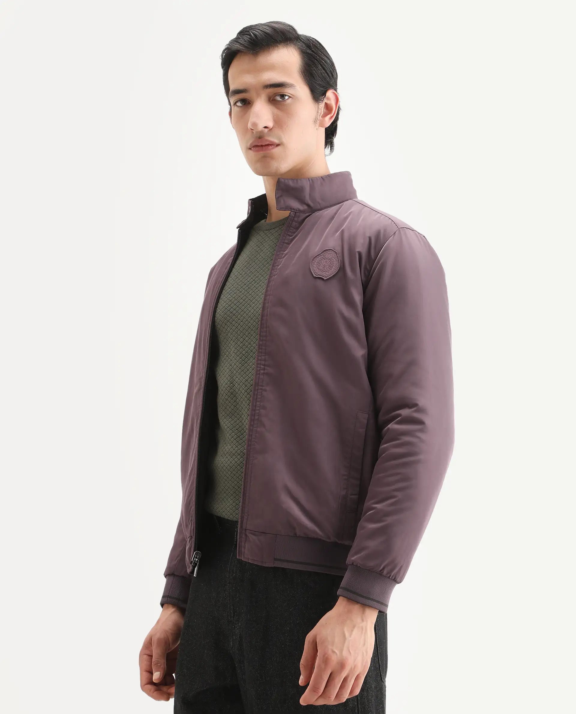 Rare Rabbit Men's Royban-25 Olive Polyester Plain Regular Fit Full Sleeve High Neck Jacket