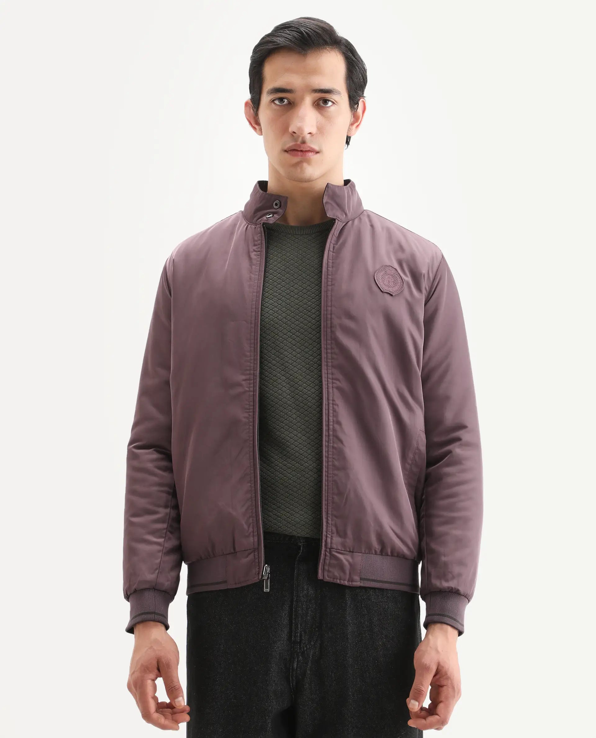 Rare Rabbit Men's Royban-25 Olive Polyester Plain Regular Fit Full Sleeve High Neck Jacket