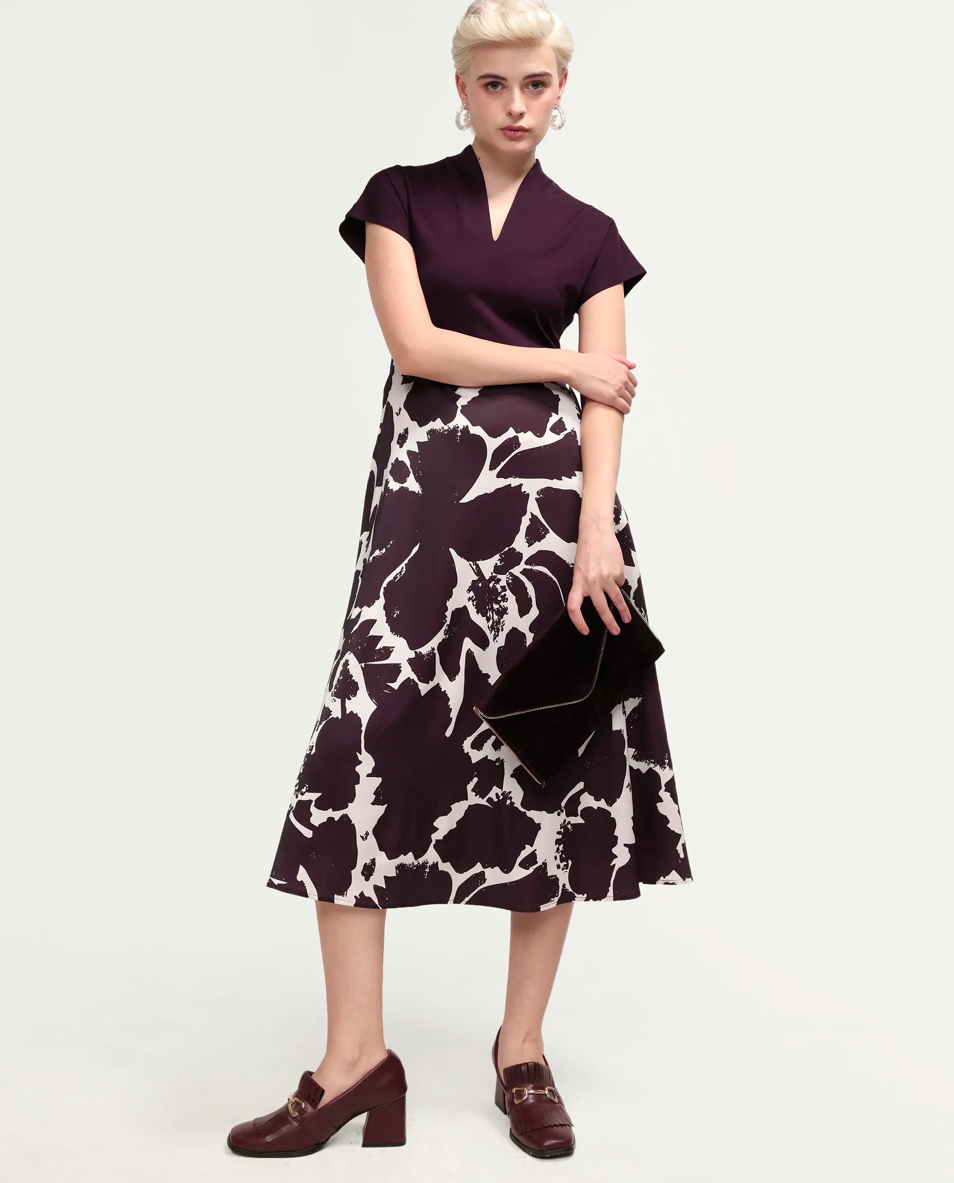 Rareism Women's Sopply Maroon Polyester V-Neck A-Line Abstract Print Dress