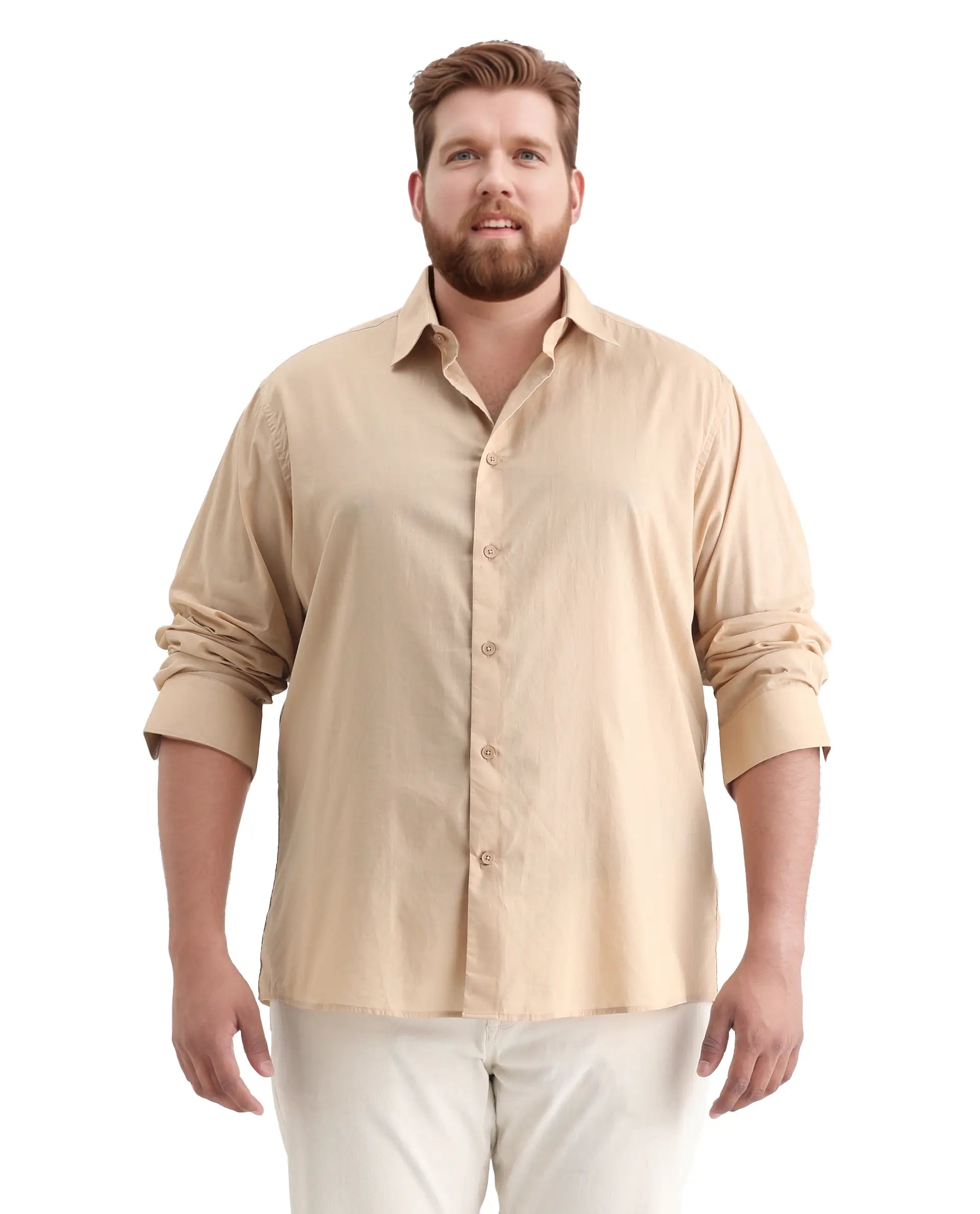Rare Rabbit Men's Blush Big Beige Cotton Fabric Full Sleeve Collared Neck Plain Shirt