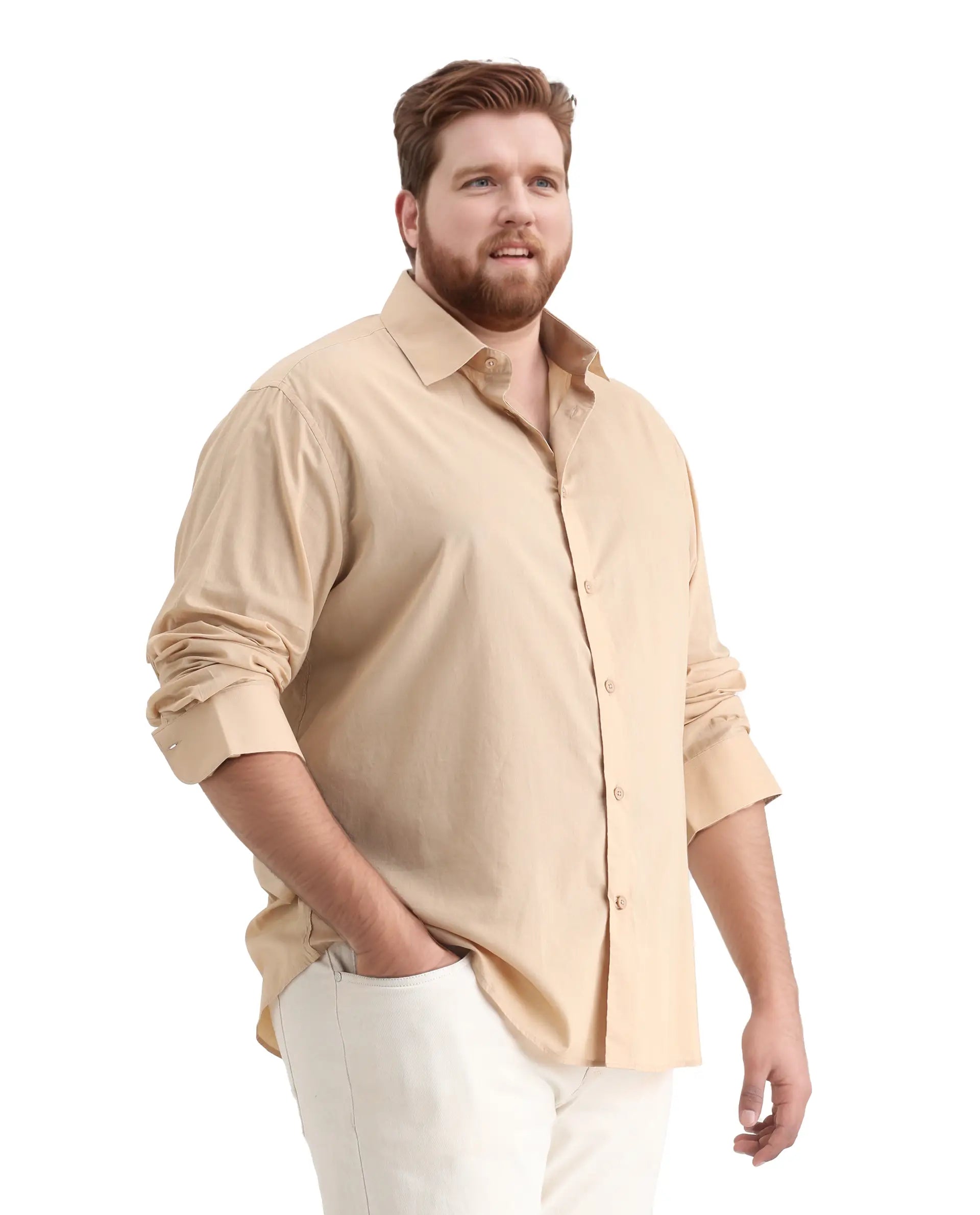 Rare Rabbit Men's Blush Big Beige Cotton Fabric Full Sleeve Collared Neck Plain Shirt