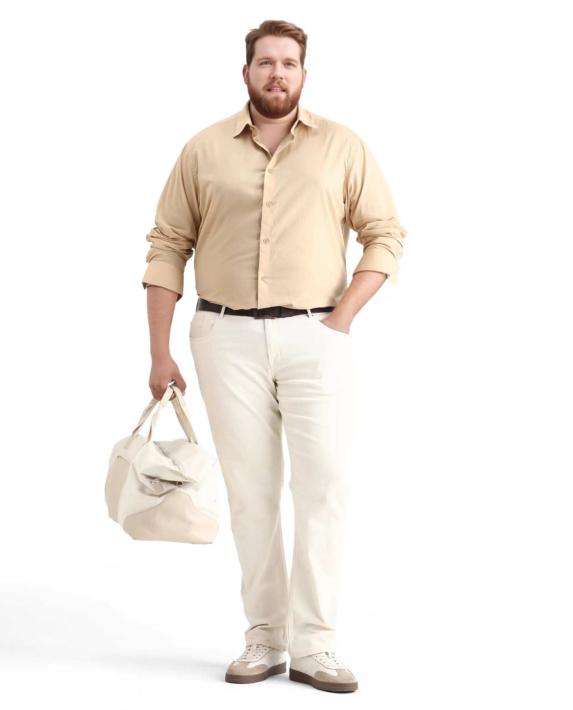 Rare Rabbit Men's Blush Big Beige Cotton Fabric Full Sleeve Collared Neck Plain Shirt