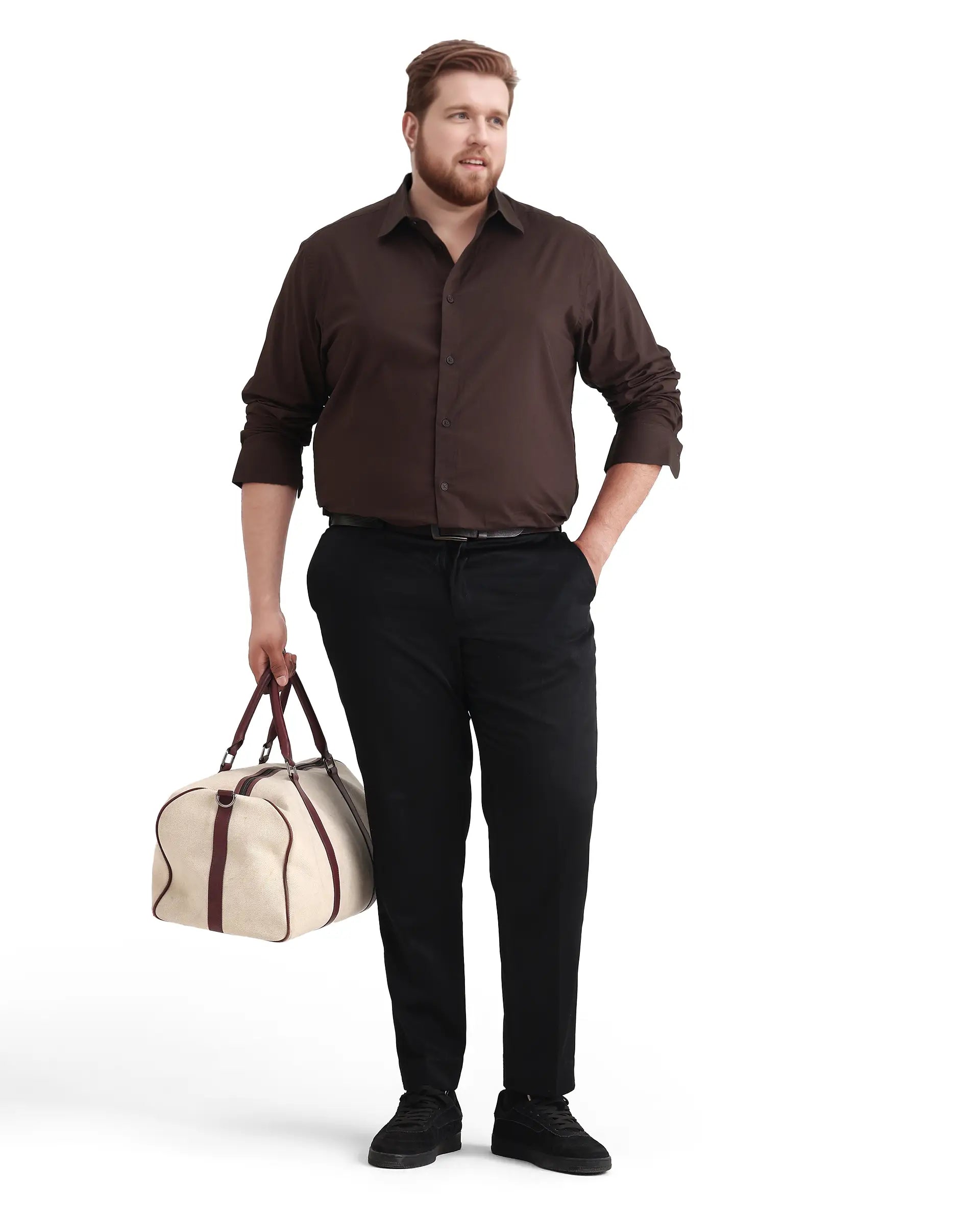 Rare Rabbit Men's Blush Big Brown Cotton Fabric Full Sleeve Collared Neck Plain Shirt