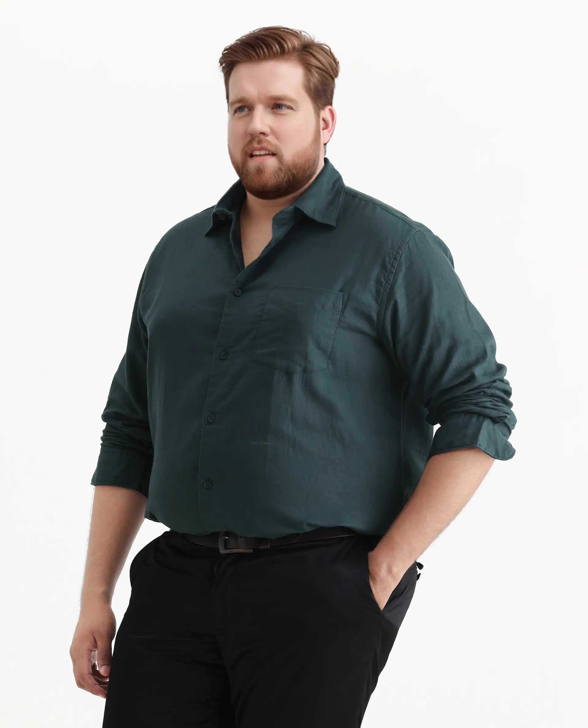 Rare Rabbit Men's Koft Big Teal Cotton Blend Fabric Full Sleeve Collared Neck Plain Shirt
