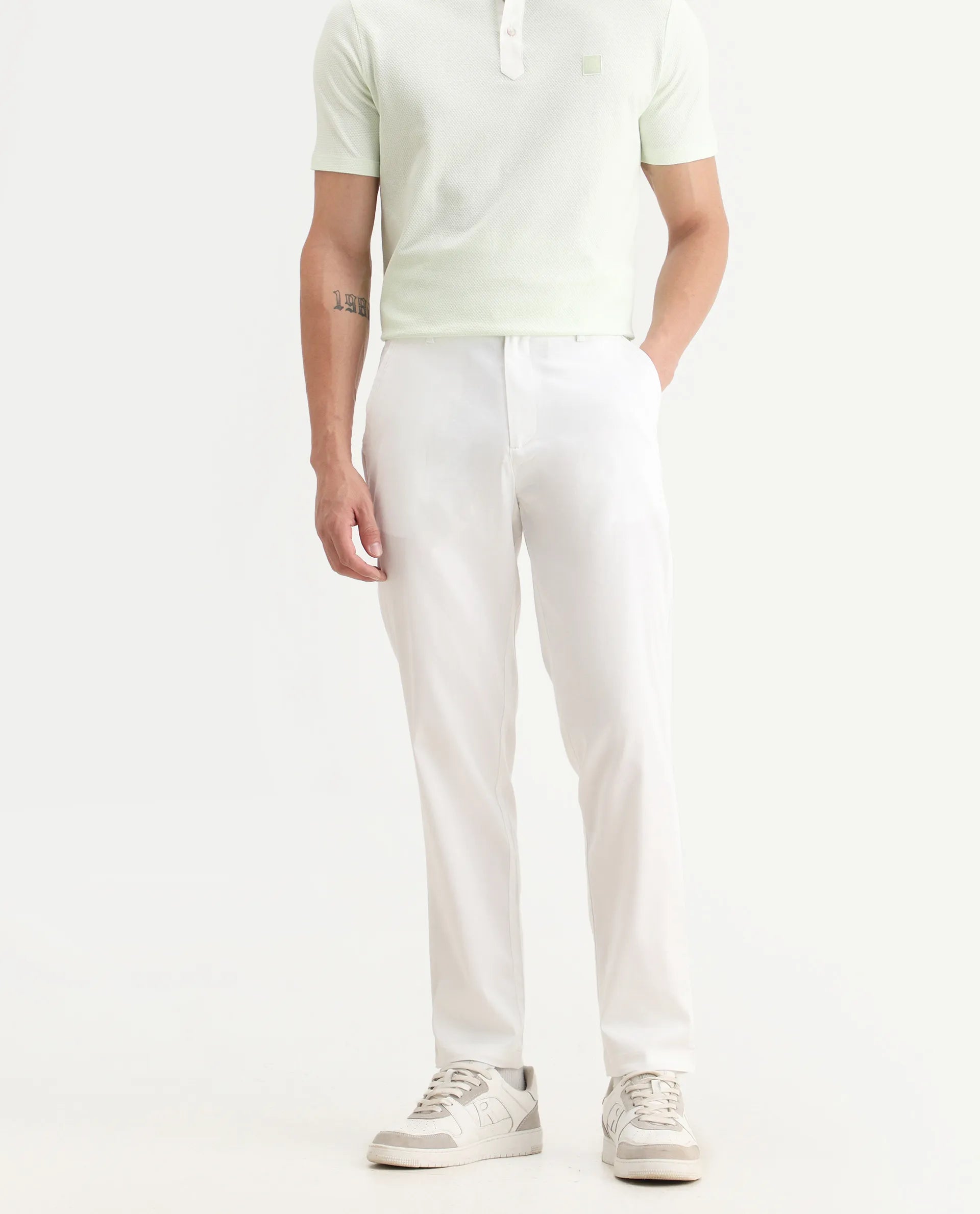 Rare Rabbit Men Hols White Cotton Blend Fabric Button Closure Plain Trouser