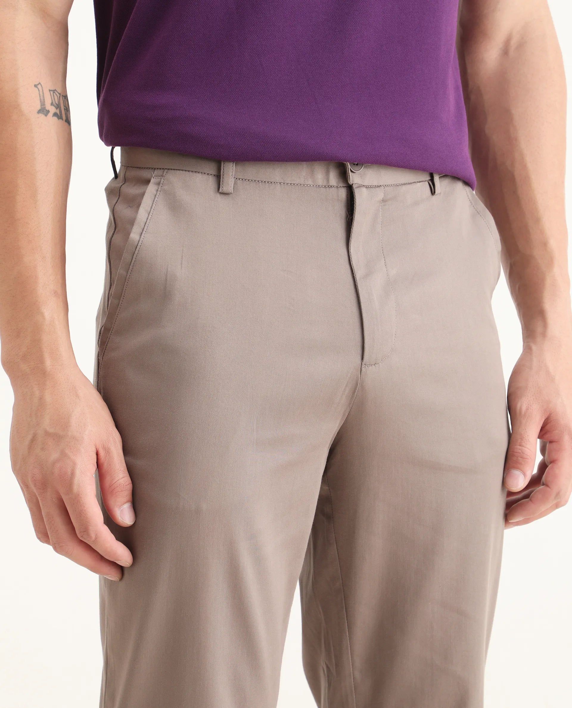 Rare Rabbit Men Hols Dark Beige Cotton Blend Fabric Button Closure Plain Trouser