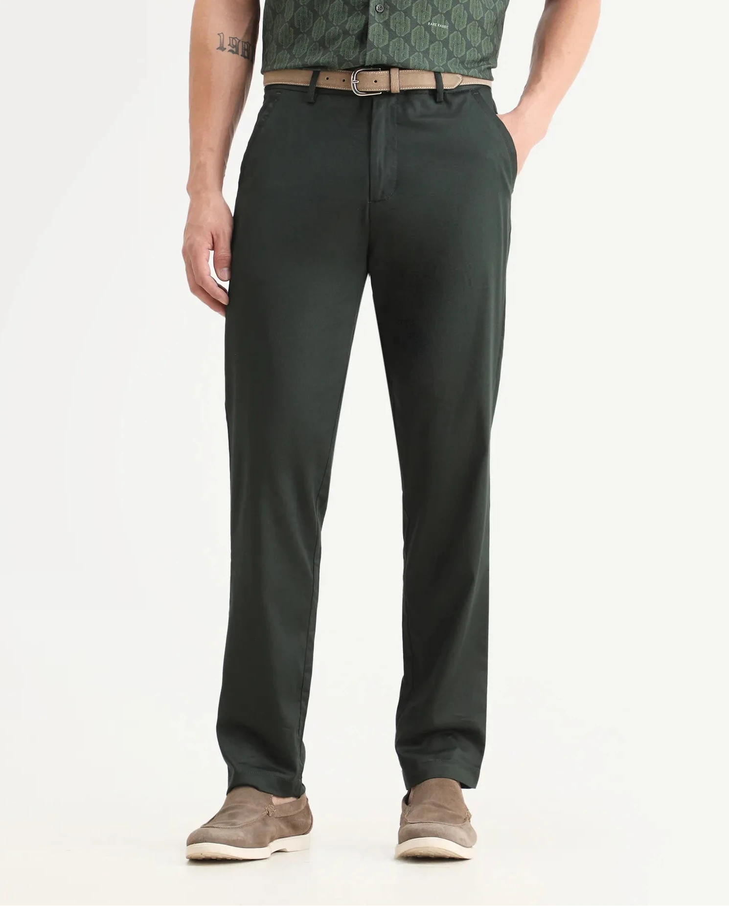 Rare Rabbit Men Hols Dark Olive Cotton Blend Fabric Button Closure Plain Trouser