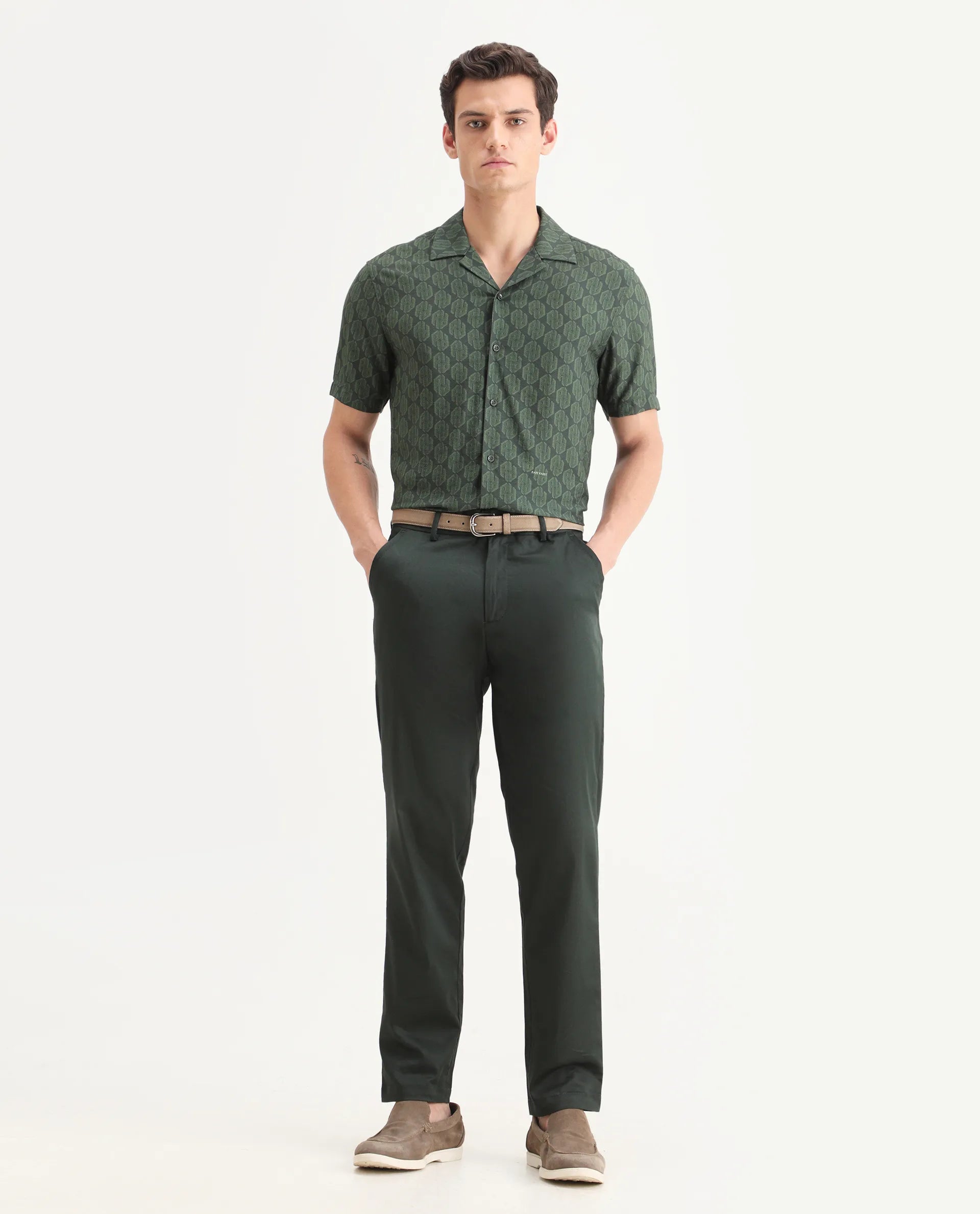 Rare Rabbit Men Hols Dark Olive Cotton Blend Fabric Button Closure Plain Trouser