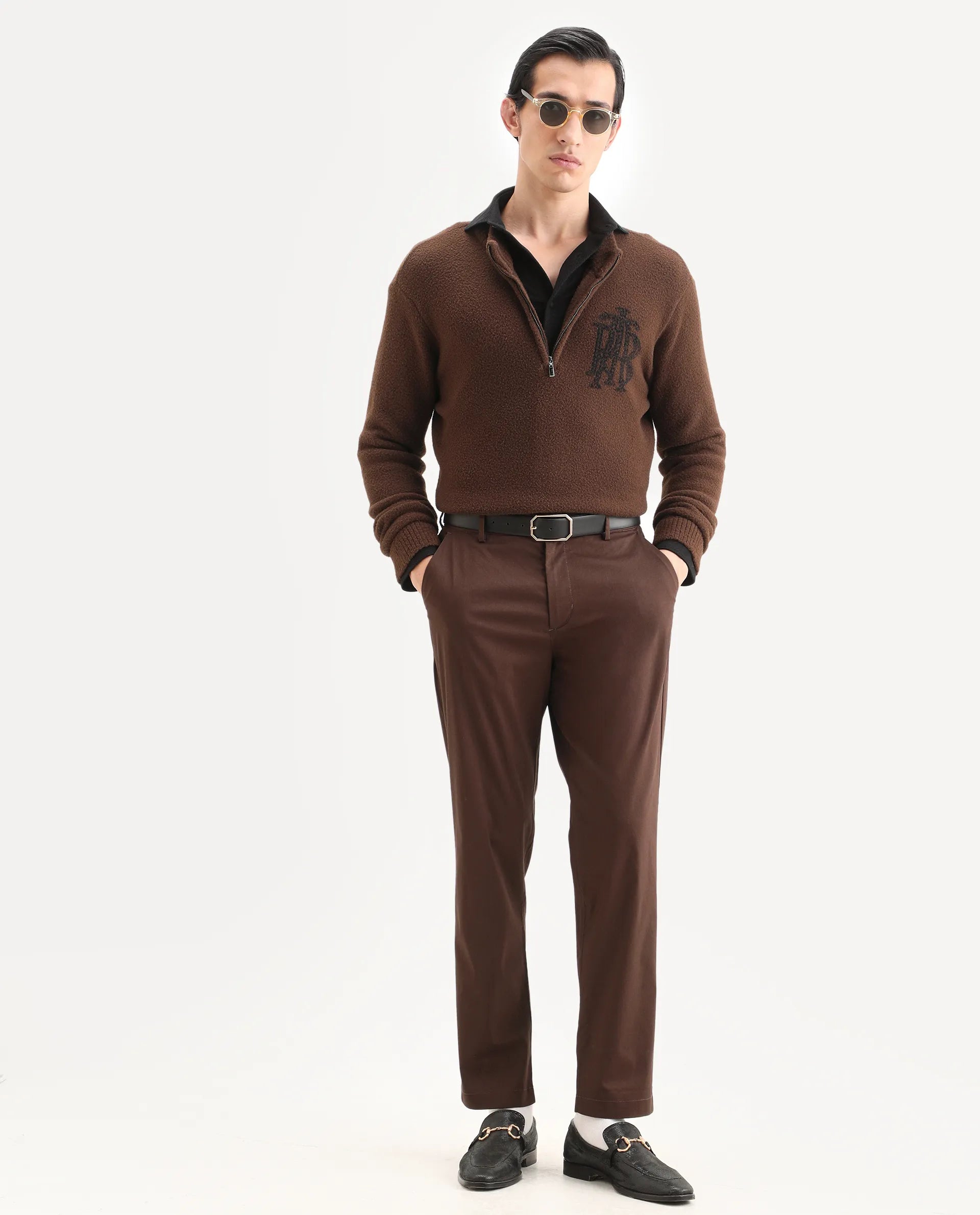 Rare Rabbit Men Bene Dark Brown Cotton Blend Fabric Button Closure Straight Fit Plain Trouser
