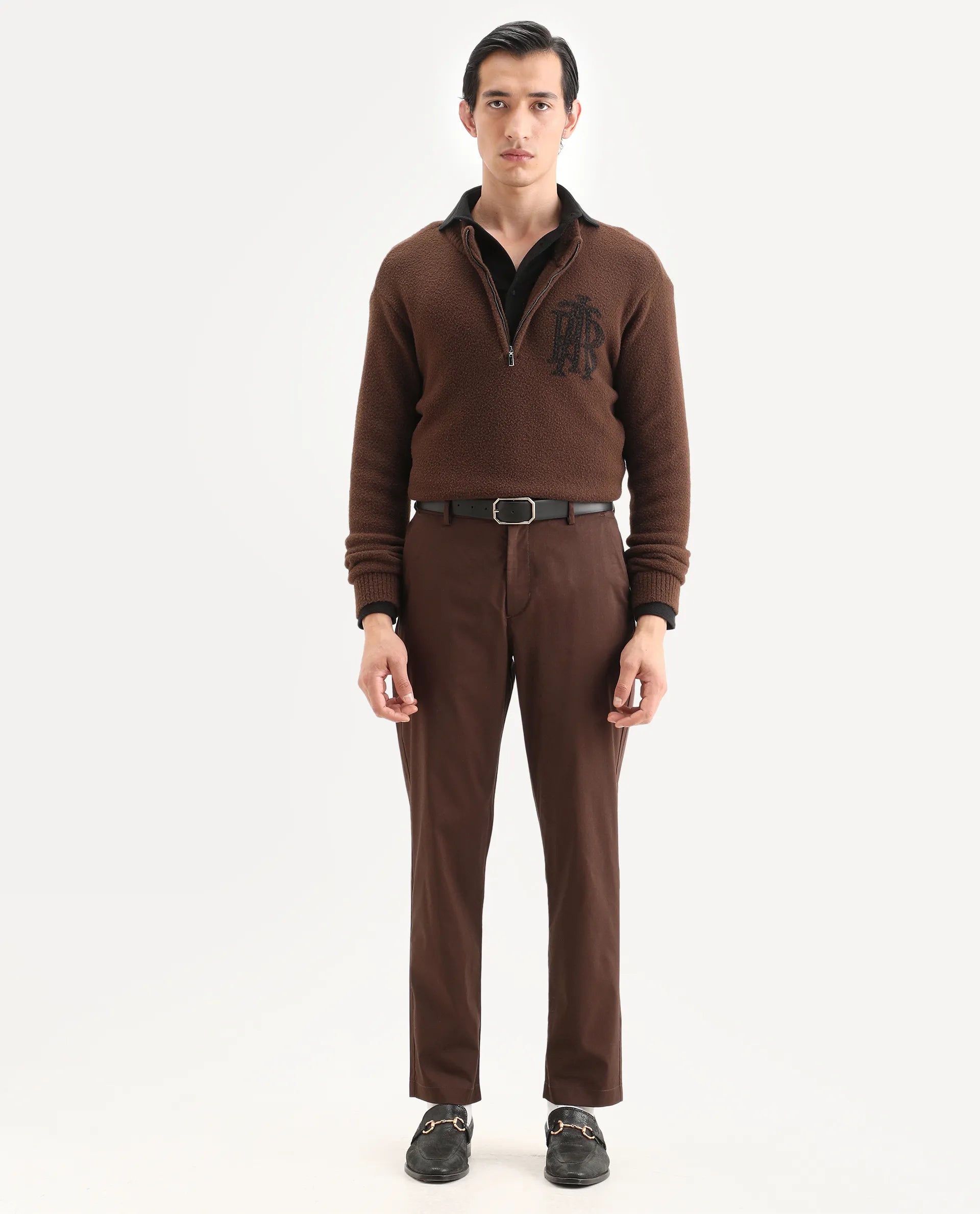 Rare Rabbit Men Bene Dark Brown Cotton Blend Fabric Button Closure Straight Fit Plain Trouser