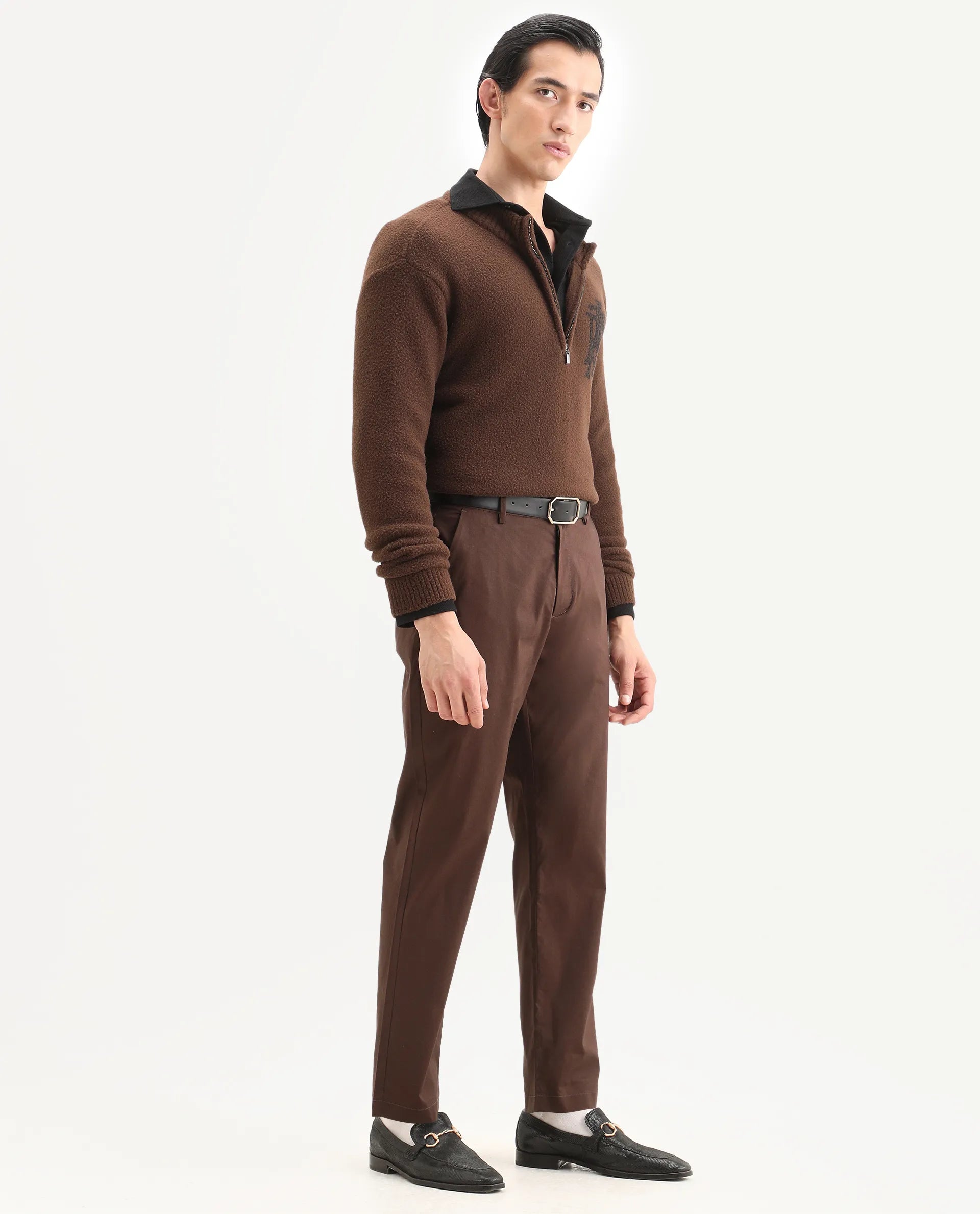 Rare Rabbit Men Bene Dark Brown Cotton Blend Fabric Button Closure Straight Fit Plain Trouser