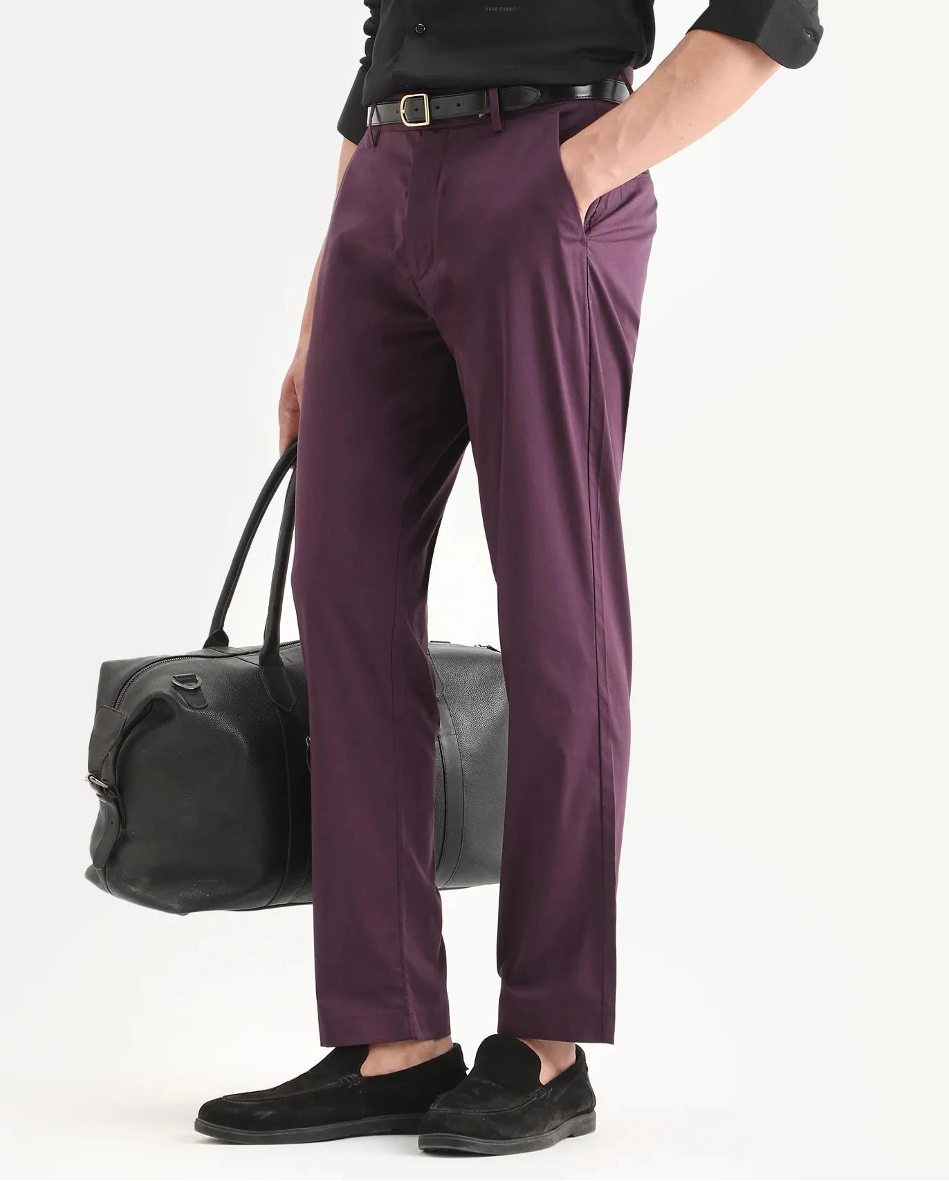 Rare Rabbit Men Bene Dark Purple Cotton Blend Fabric Button Closure Straight Fit Plain Trouser