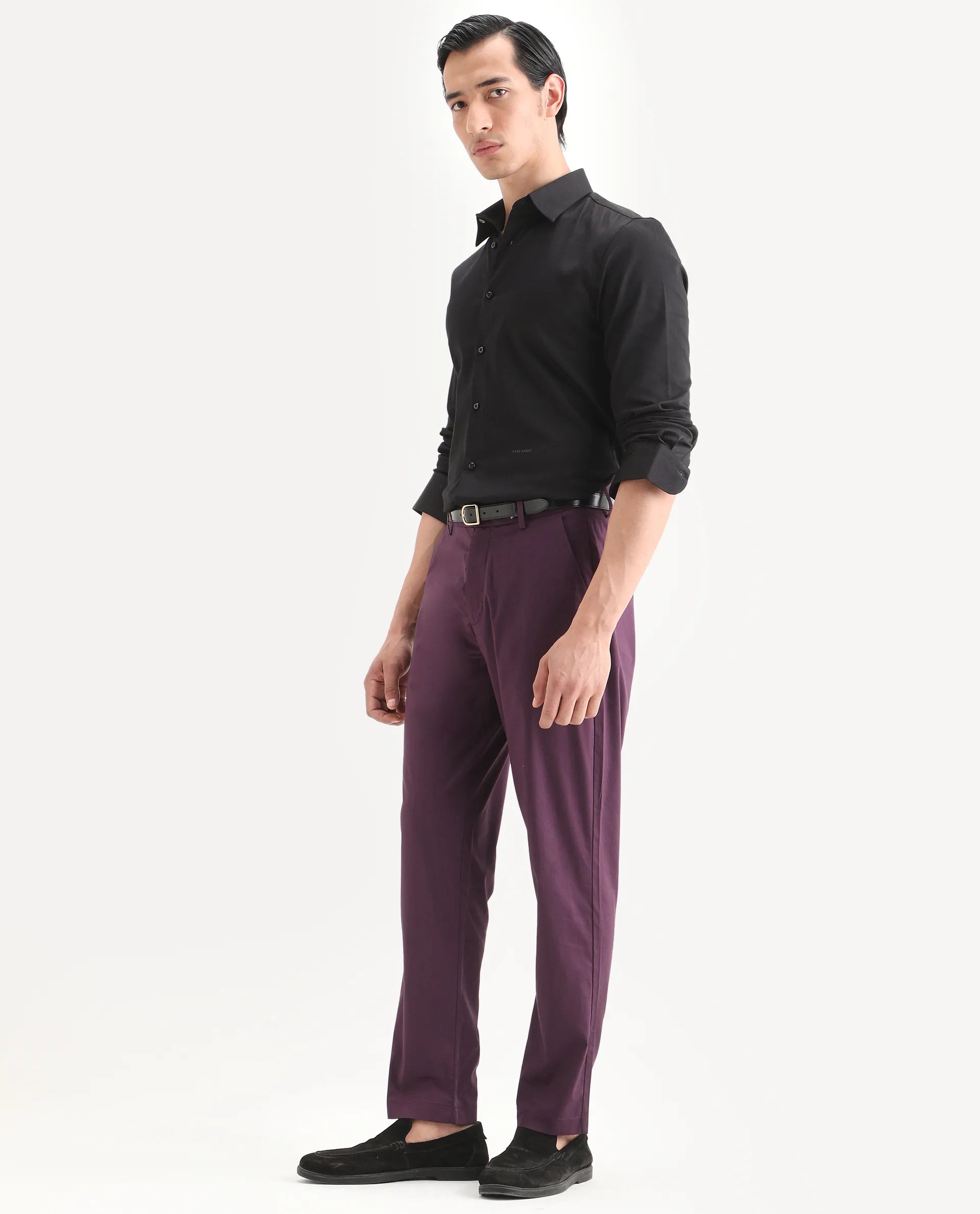 Rare Rabbit Men Bene Dark Purple Cotton Blend Fabric Button Closure Straight Fit Plain Trouser
