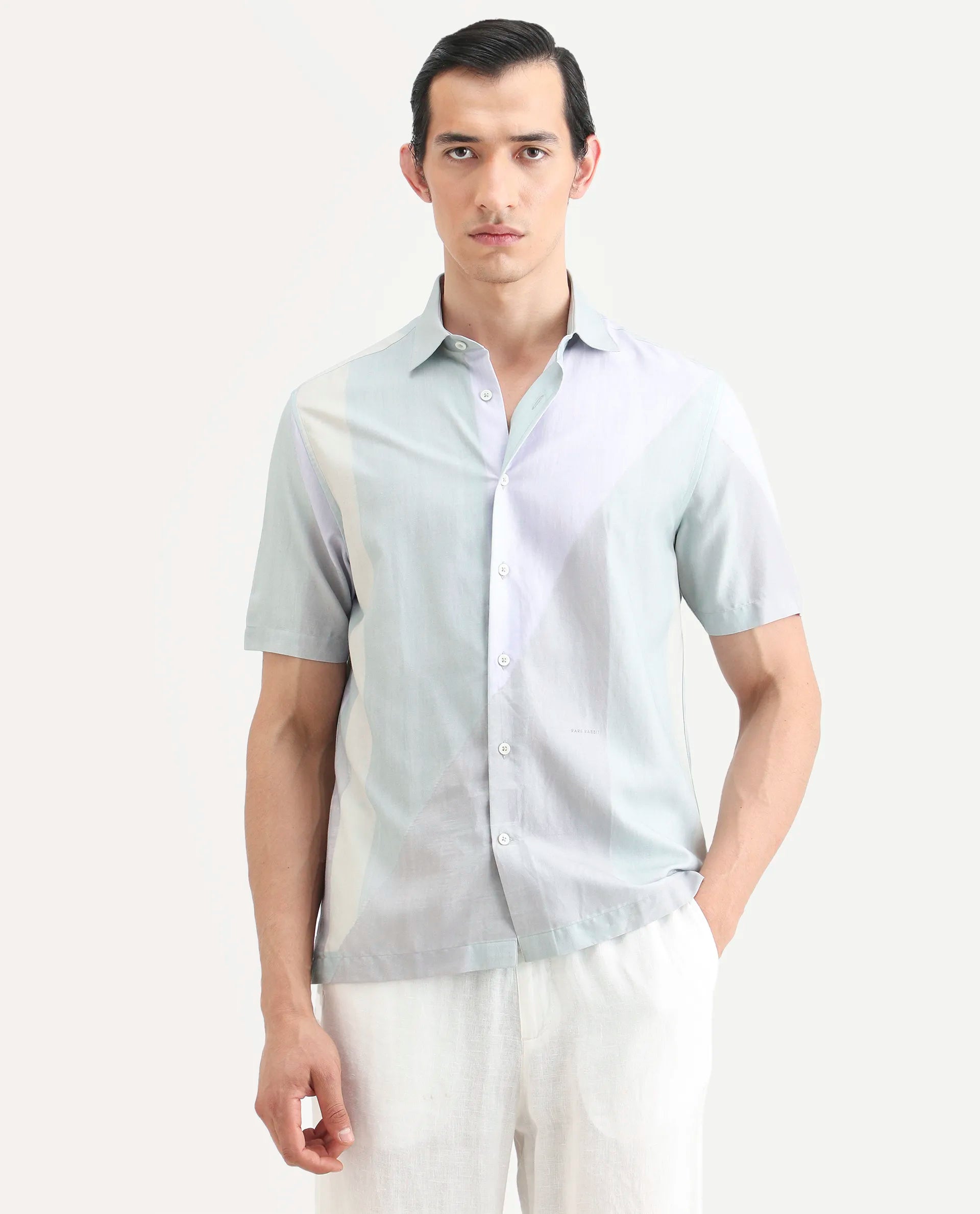 Rare Rabbit Men's Fade Pastel Green Cotton Blend Geometric Print Regular Fit Half Sleeve Collared Shirt