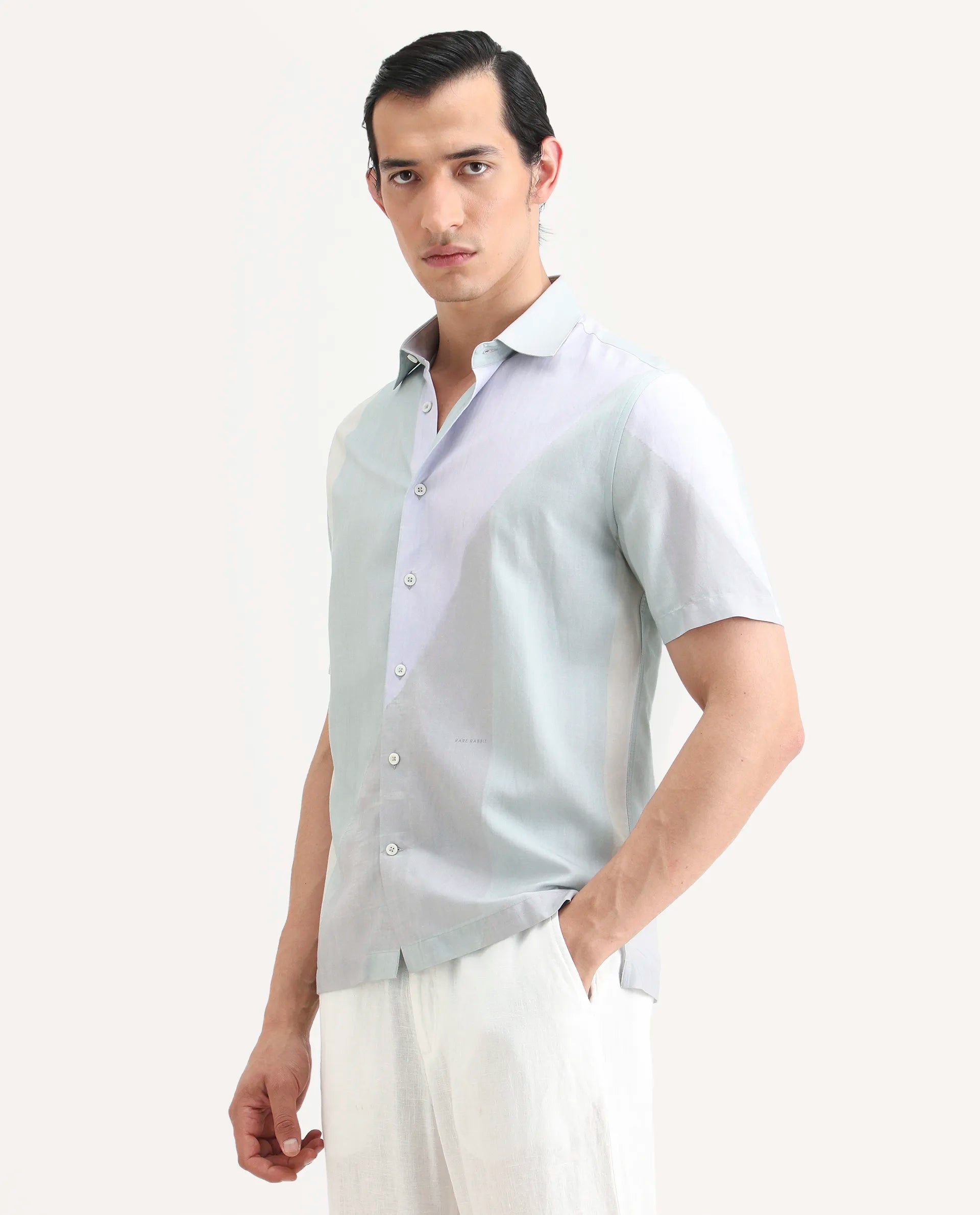 Rare Rabbit Men's Fade Pastel Green Cotton Blend Geometric Print Regular Fit Half Sleeve Collared Shirt