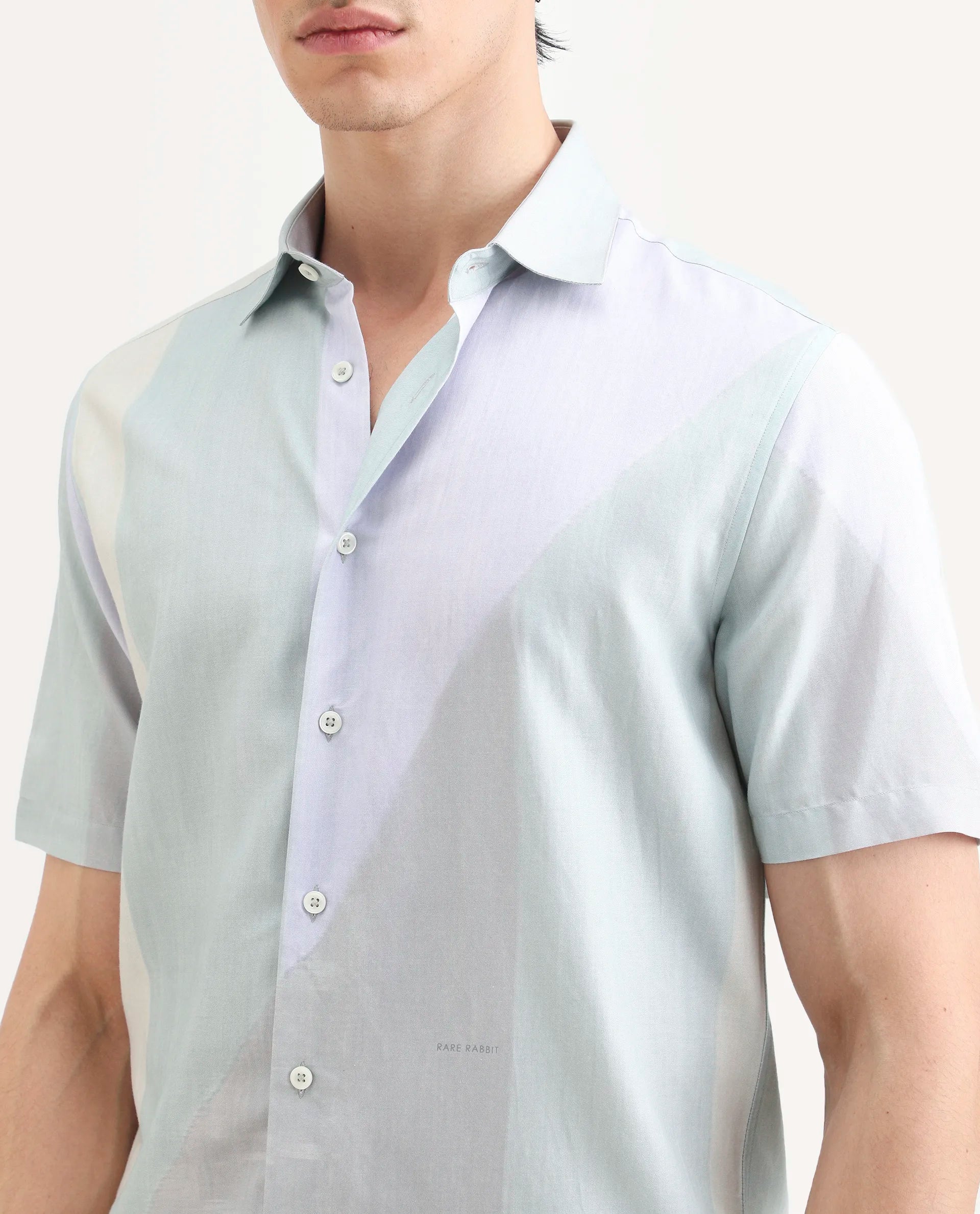Rare Rabbit Men's Fade Pastel Green Cotton Blend Geometric Print Regular Fit Half Sleeve Collared Shirt
