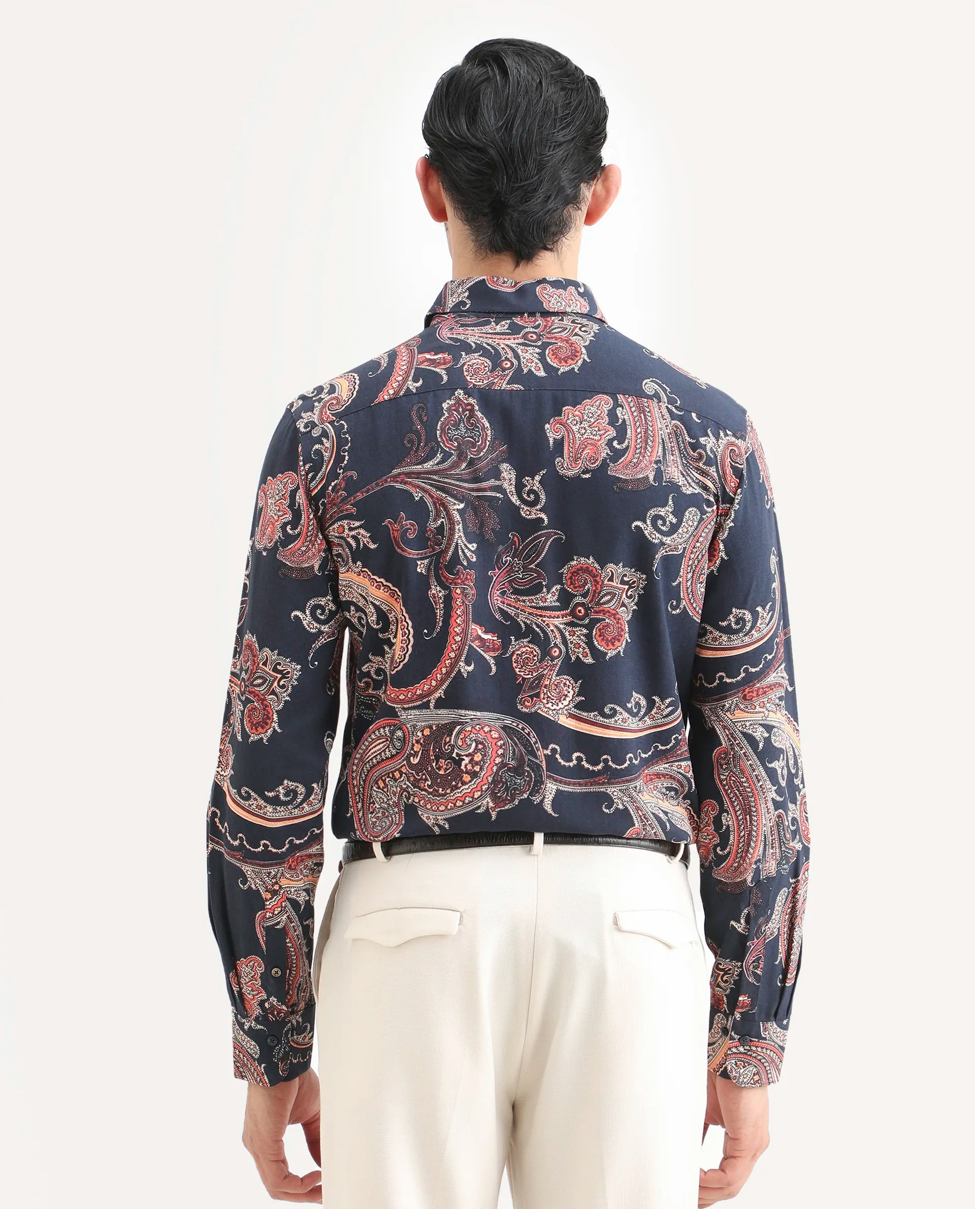 Rare Rabbit Men's Strom Dark Blue Viscose Paisley Print Regular Fit Full Sleeve Collared Shirt