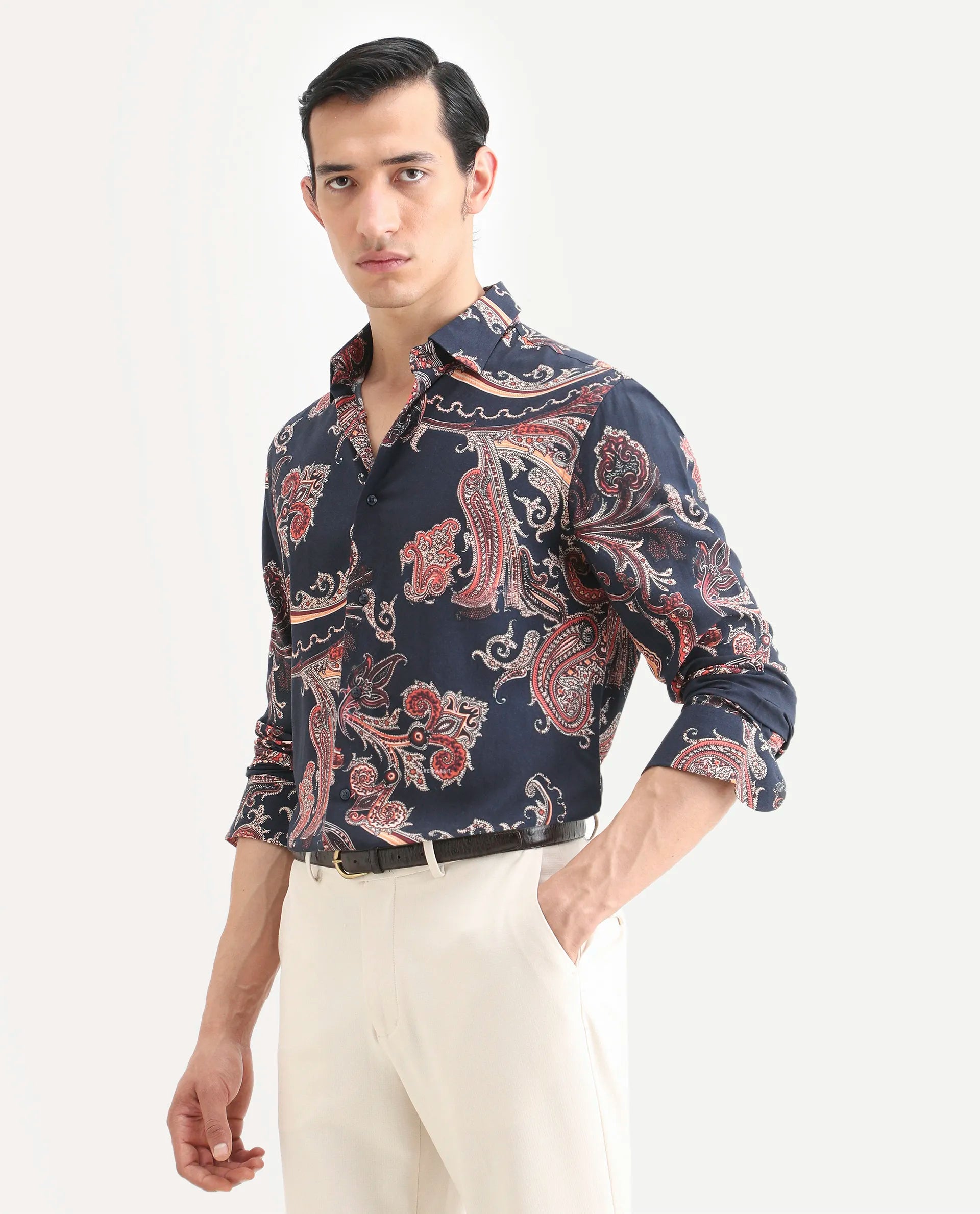 Rare Rabbit Men's Strom Dark Blue Viscose Paisley Print Regular Fit Full Sleeve Collared Shirt