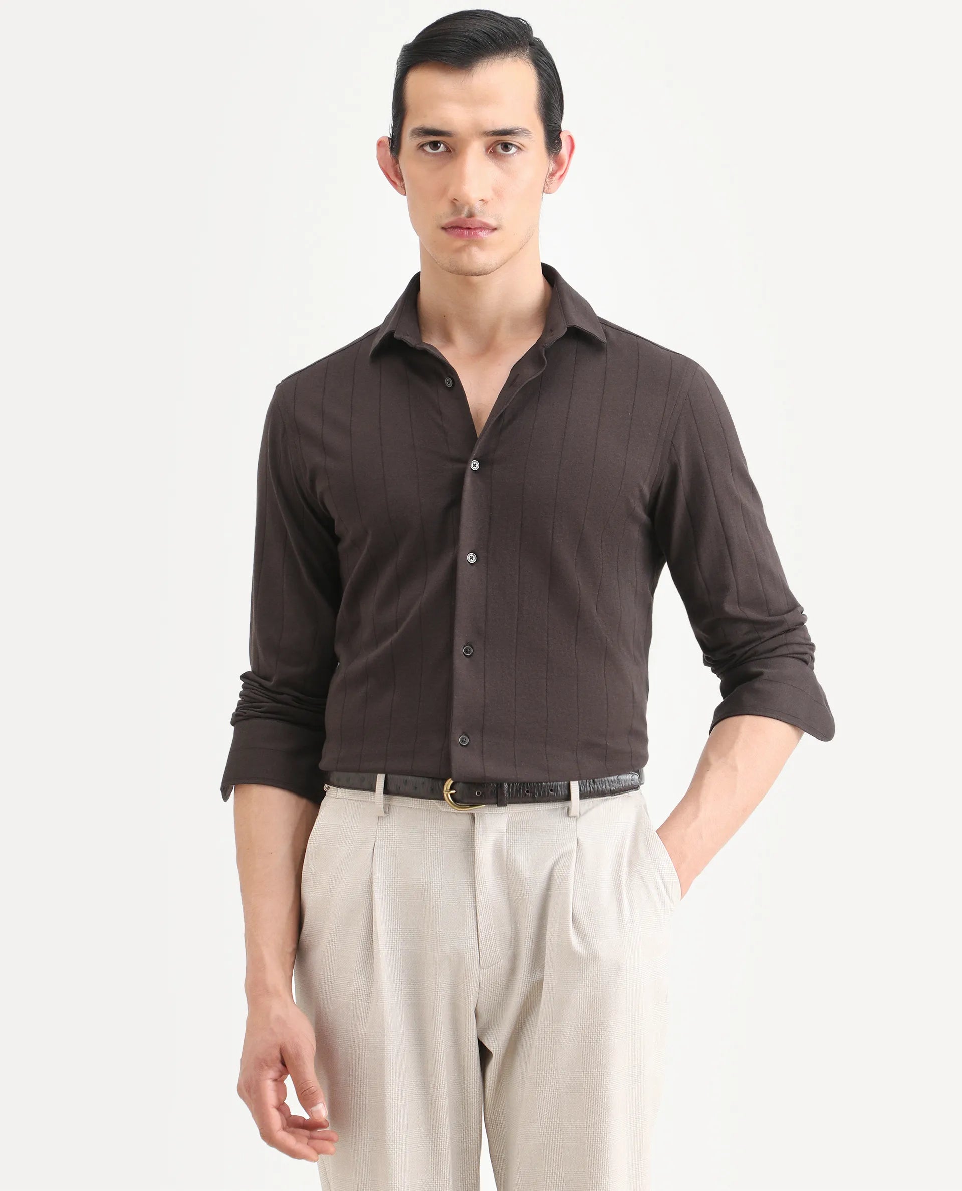 Rare Rabbit Men's Vert-Ls-25 Brown Cotton Blend Plain Regular Fit Full Sleeve Collared Shirt