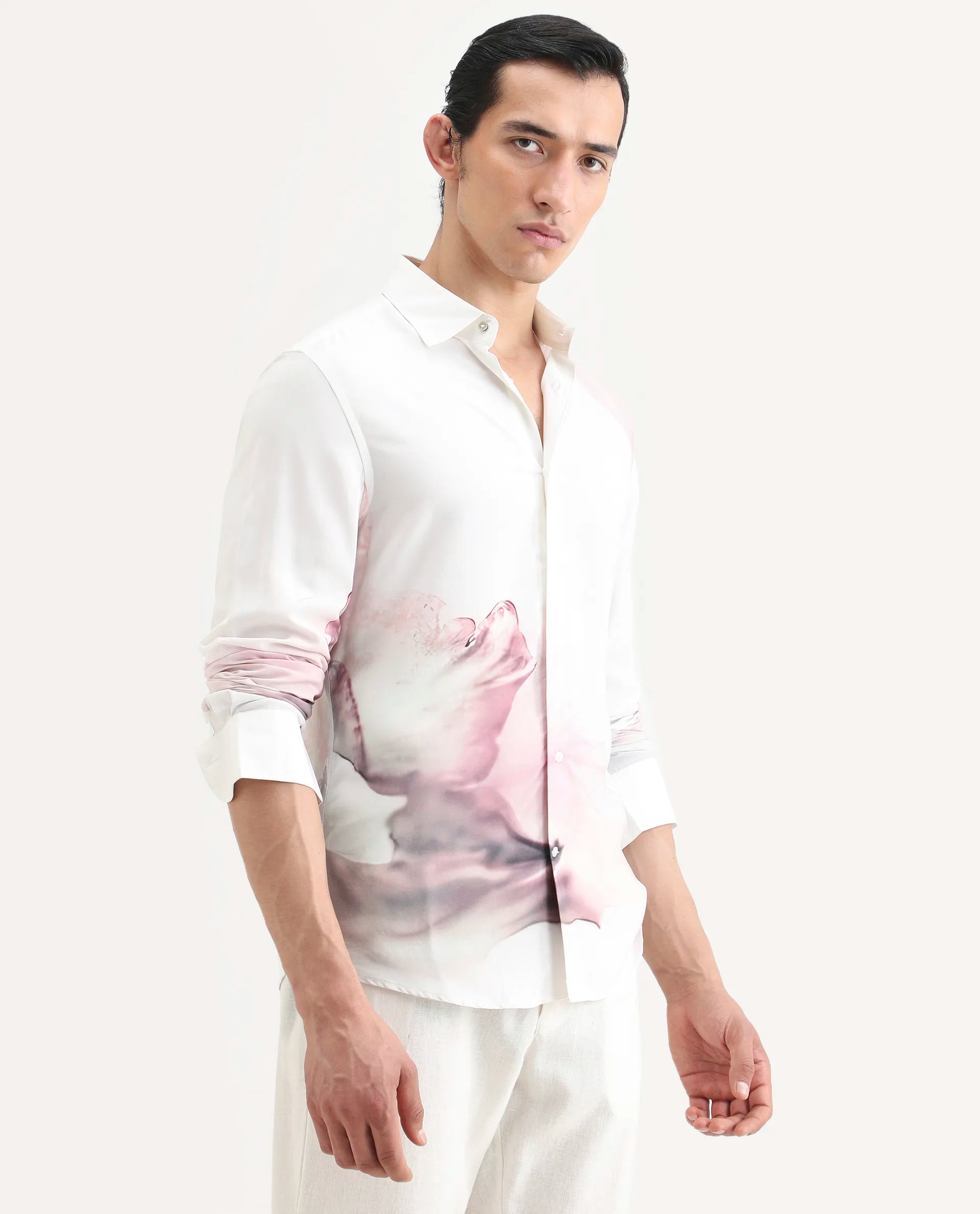 Rare Rabbit Men's Tavi White Viscose Floral Print Regular Fit Full Sleeve Collared Shirt