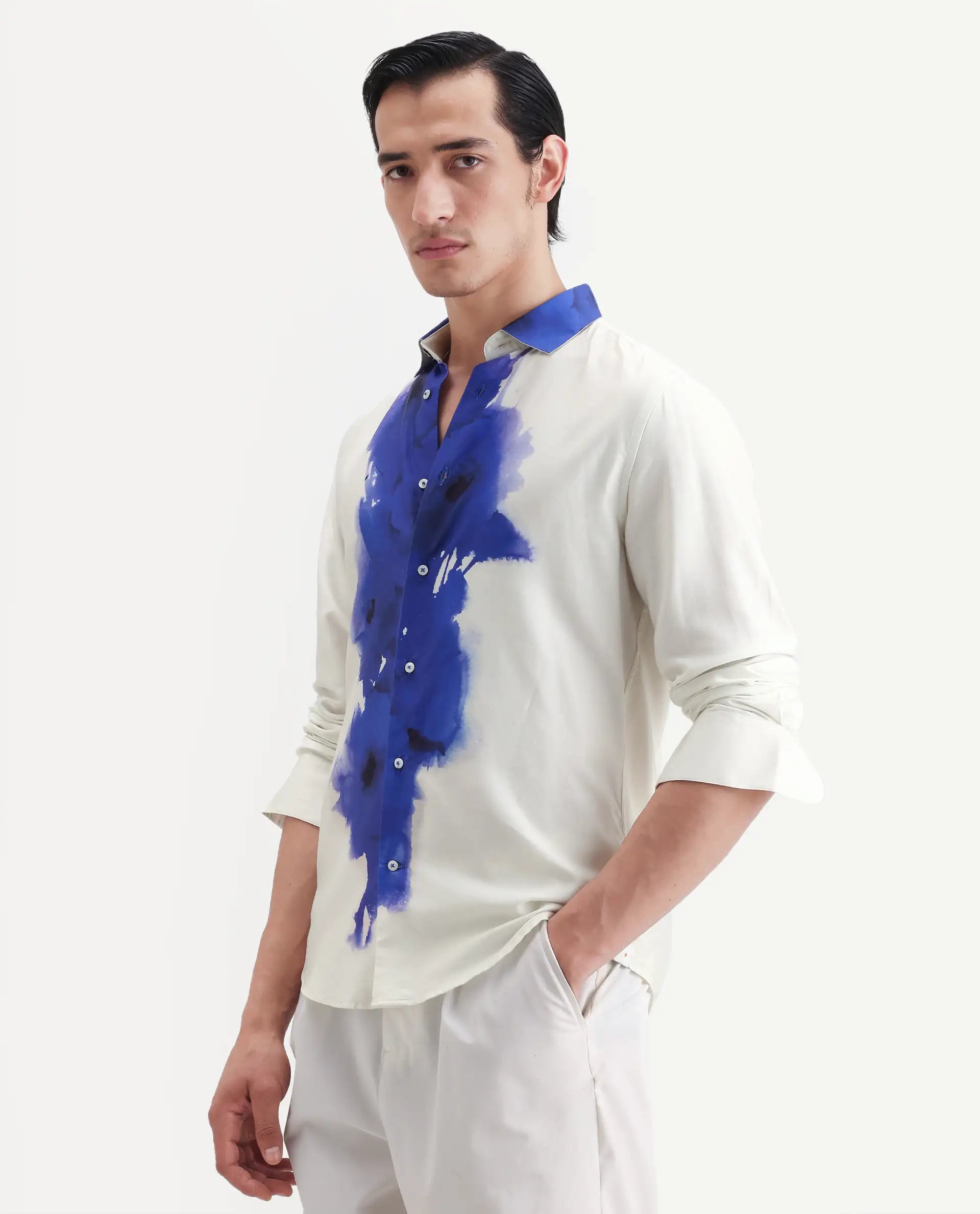 Rare Rabbit Men's Zeno Off White Cotton Blend Floral Print Regular Fit Full Sleeve Collared Shirt