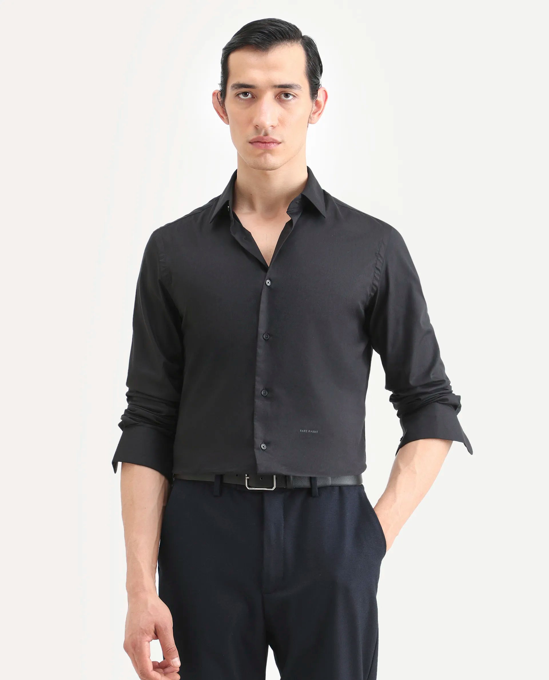 Rare Rabbit Men's Newton 25 Black Cotton Blend Plain Regular Fit Full Sleeve Collared Shirt