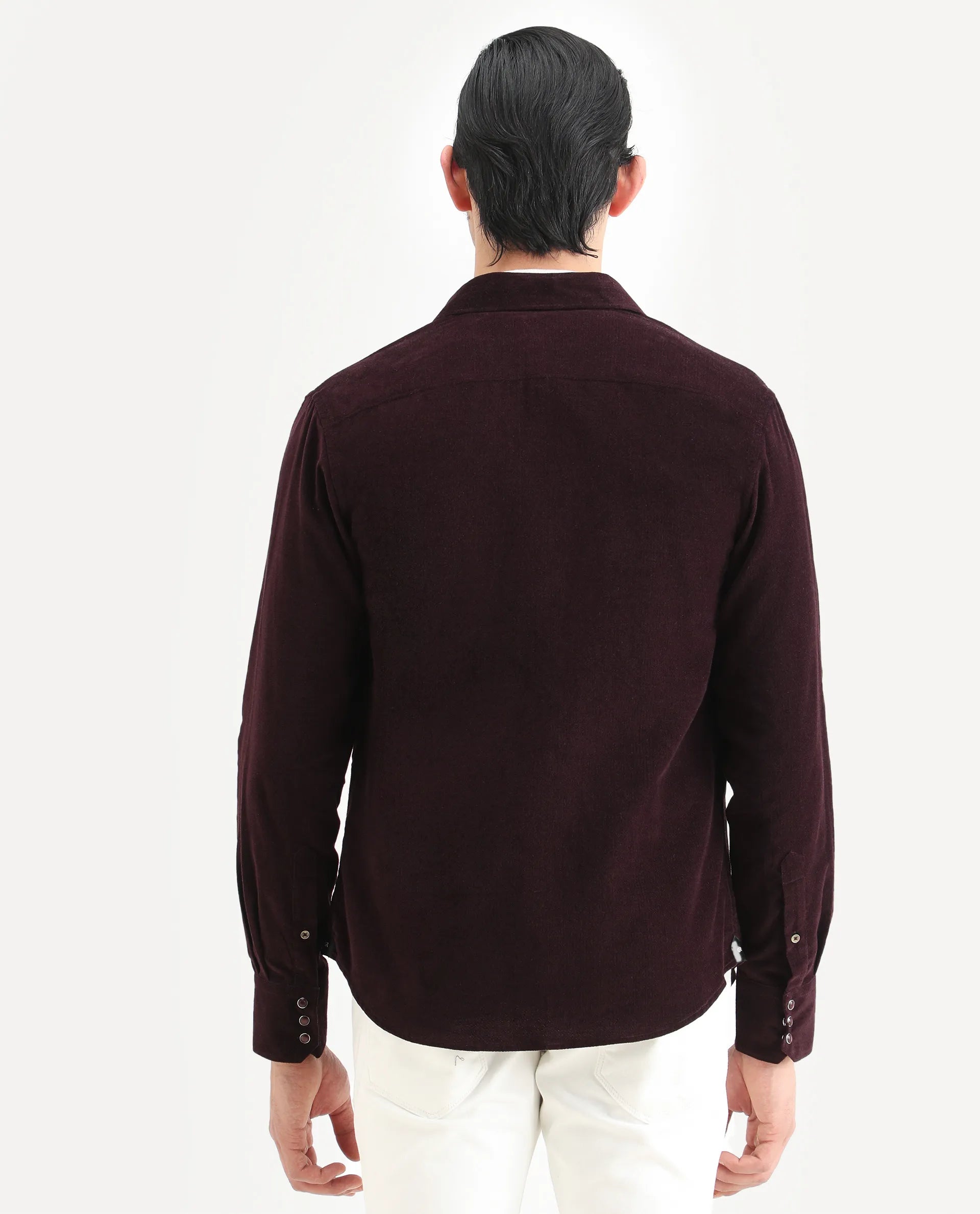Rare Rabbit Men's Cord Dark Maroon Cotton Fabric Collared Neck Regular Fit Plain Shirt