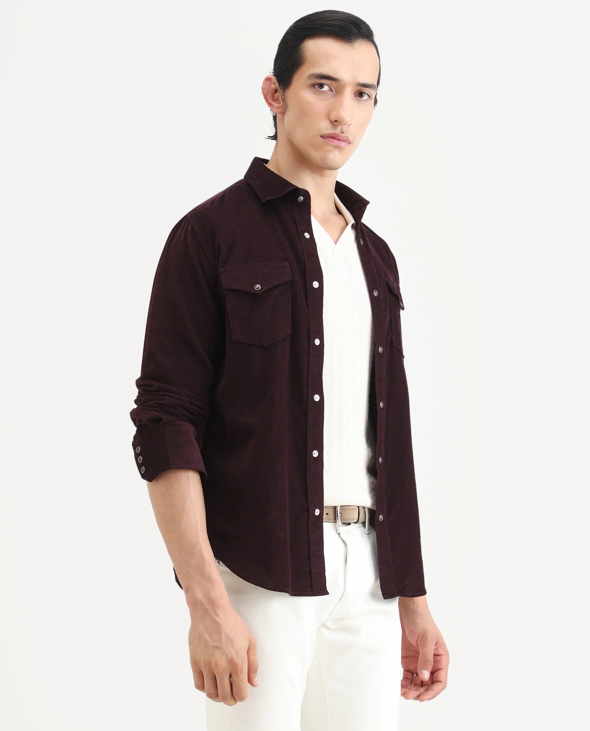 Rare Rabbit Men's Cord Dark Maroon Cotton Fabric Collared Neck Regular Fit Plain Shirt