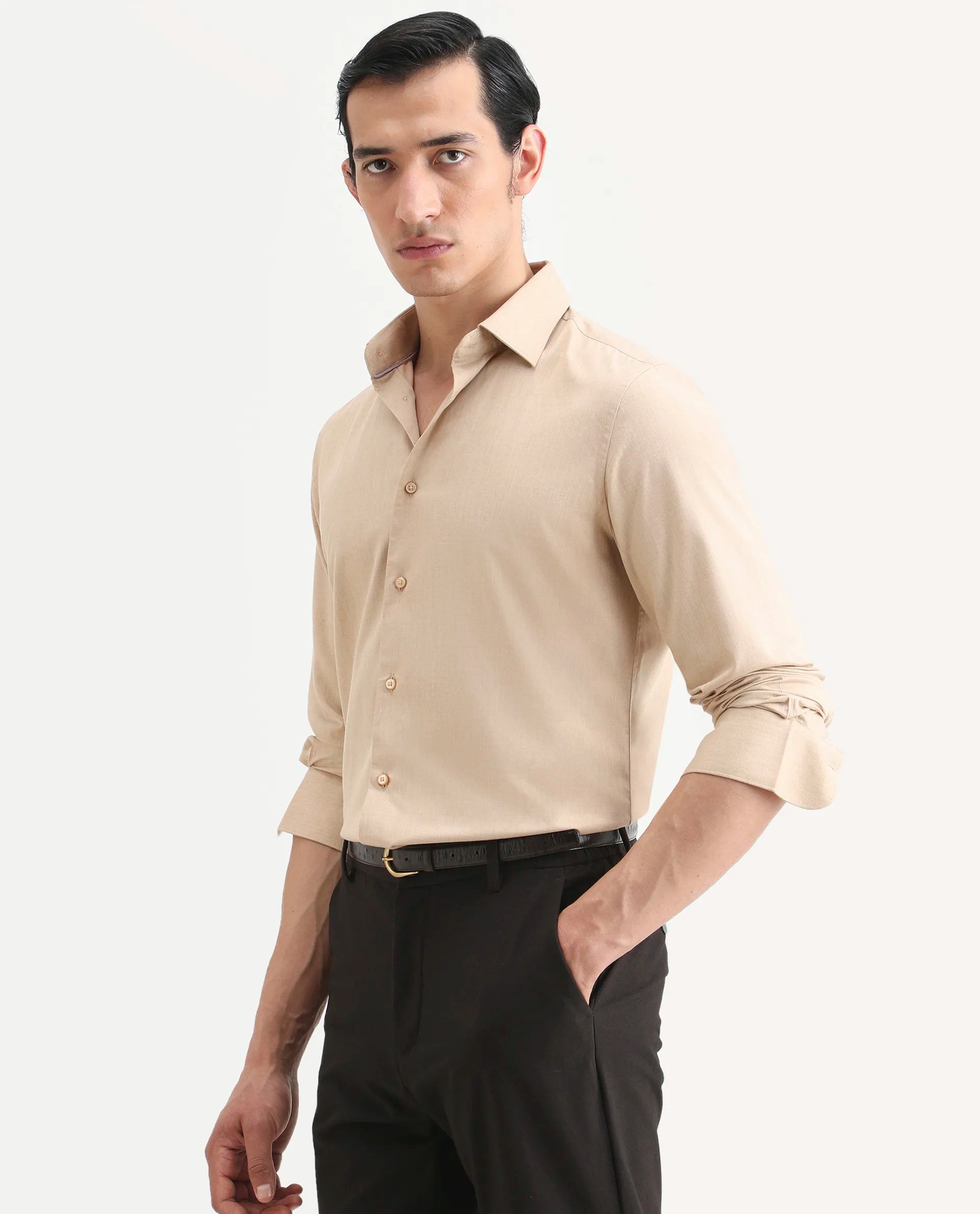 Rare Rabbit Men's Gunjo 25 Beige Cotton Blend Plain Regular Fit Full Sleeve Collared Shirt