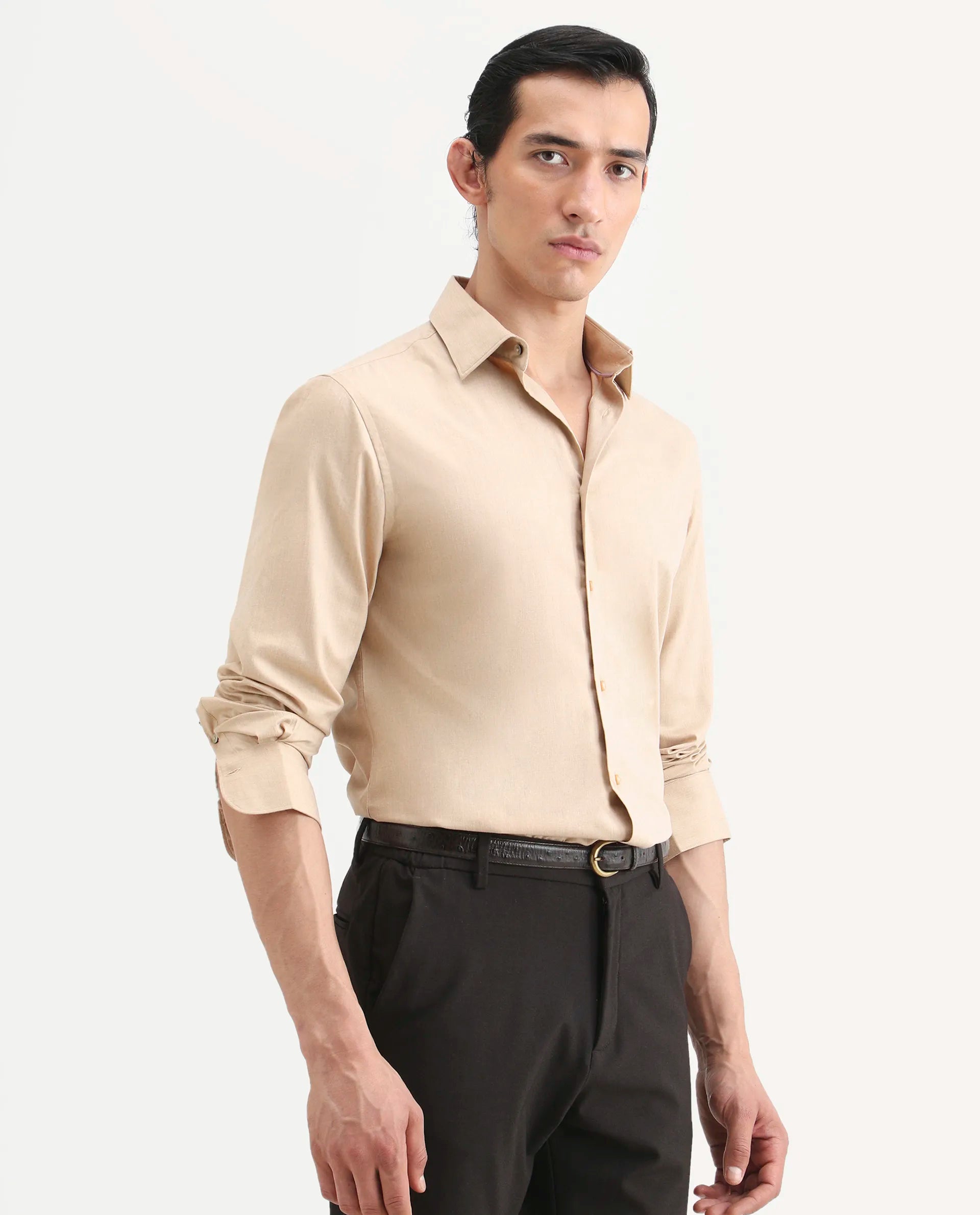 Rare Rabbit Men's Gunjo 25 Beige Cotton Blend Plain Regular Fit Full Sleeve Collared Shirt