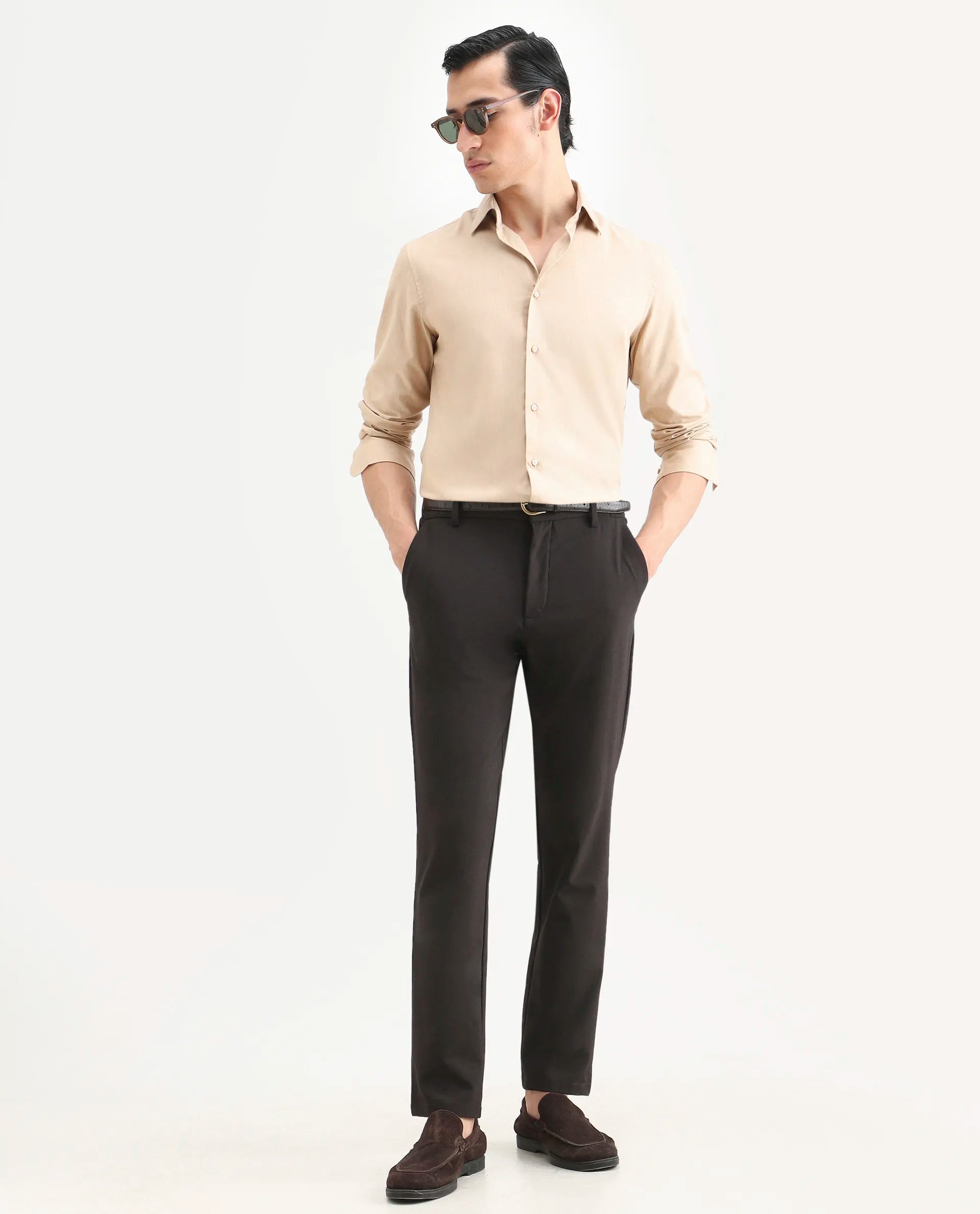 Rare Rabbit Men's Gunjo 25 Beige Cotton Blend Plain Regular Fit Full Sleeve Collared Shirt