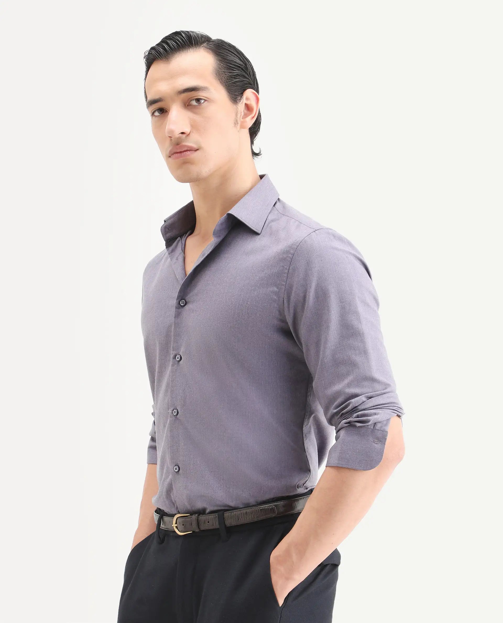 Rare Rabbit Men's Gunjo 25 Dusky Purple Cotton Blend Plain Regular Fit Full Sleeve Collared Shirt