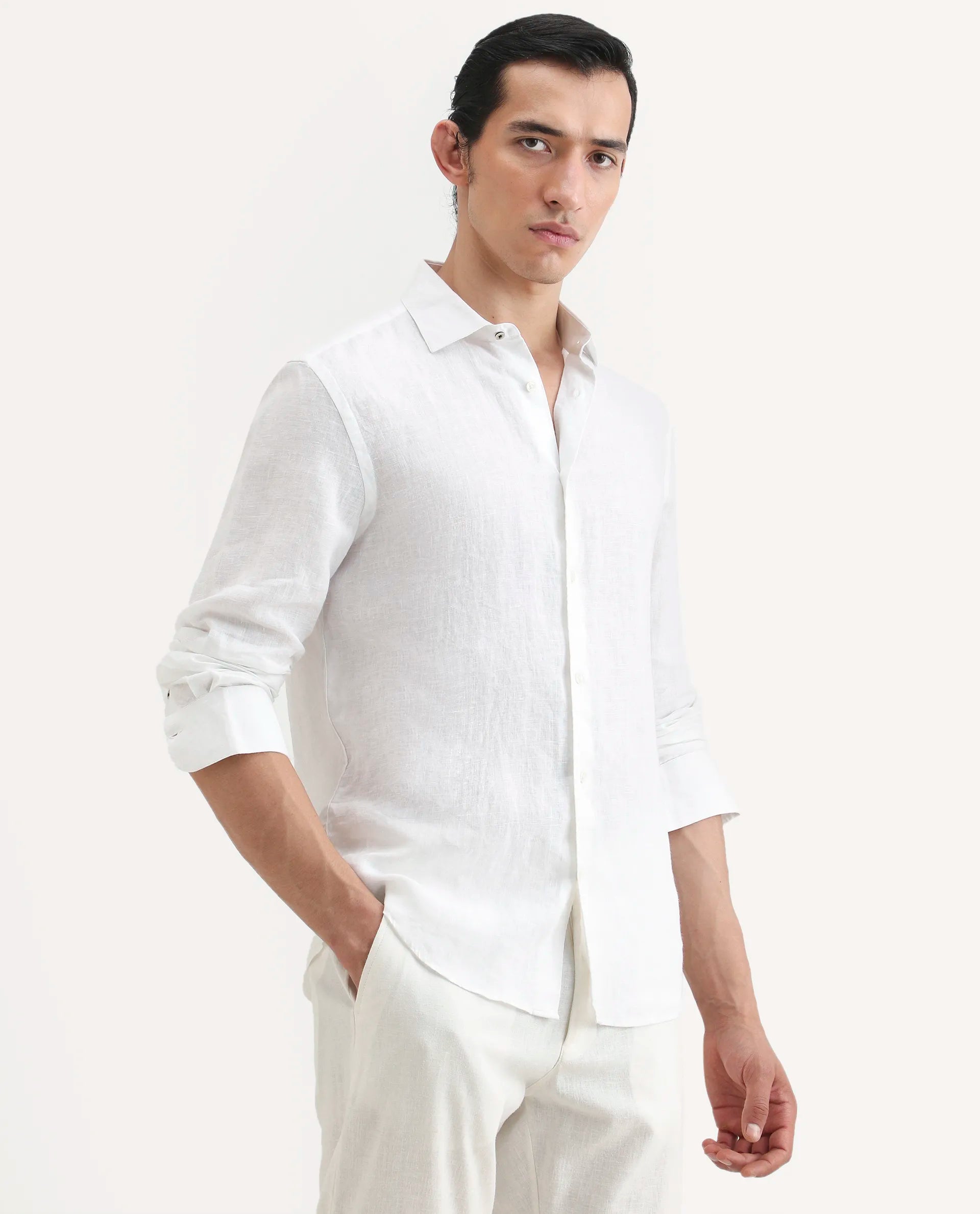 Rare Rabbit Men's Mavi White Linen Plain Regular Fit Full Sleeve Collared Shirt