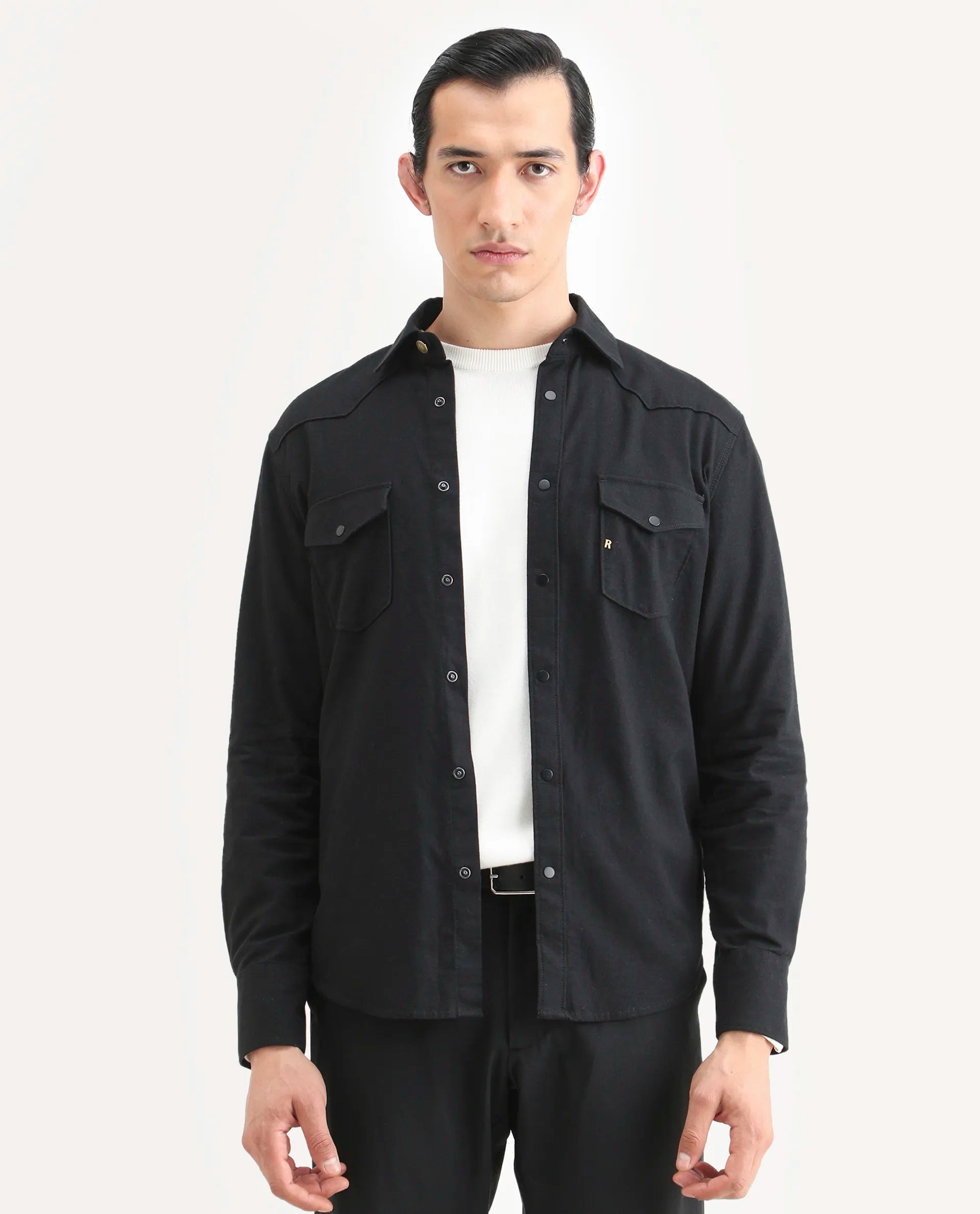 Rare Rabbit Men's Taison-25 Black Cotton Plain Regular Fit Full Sleeve Collared Shirt
