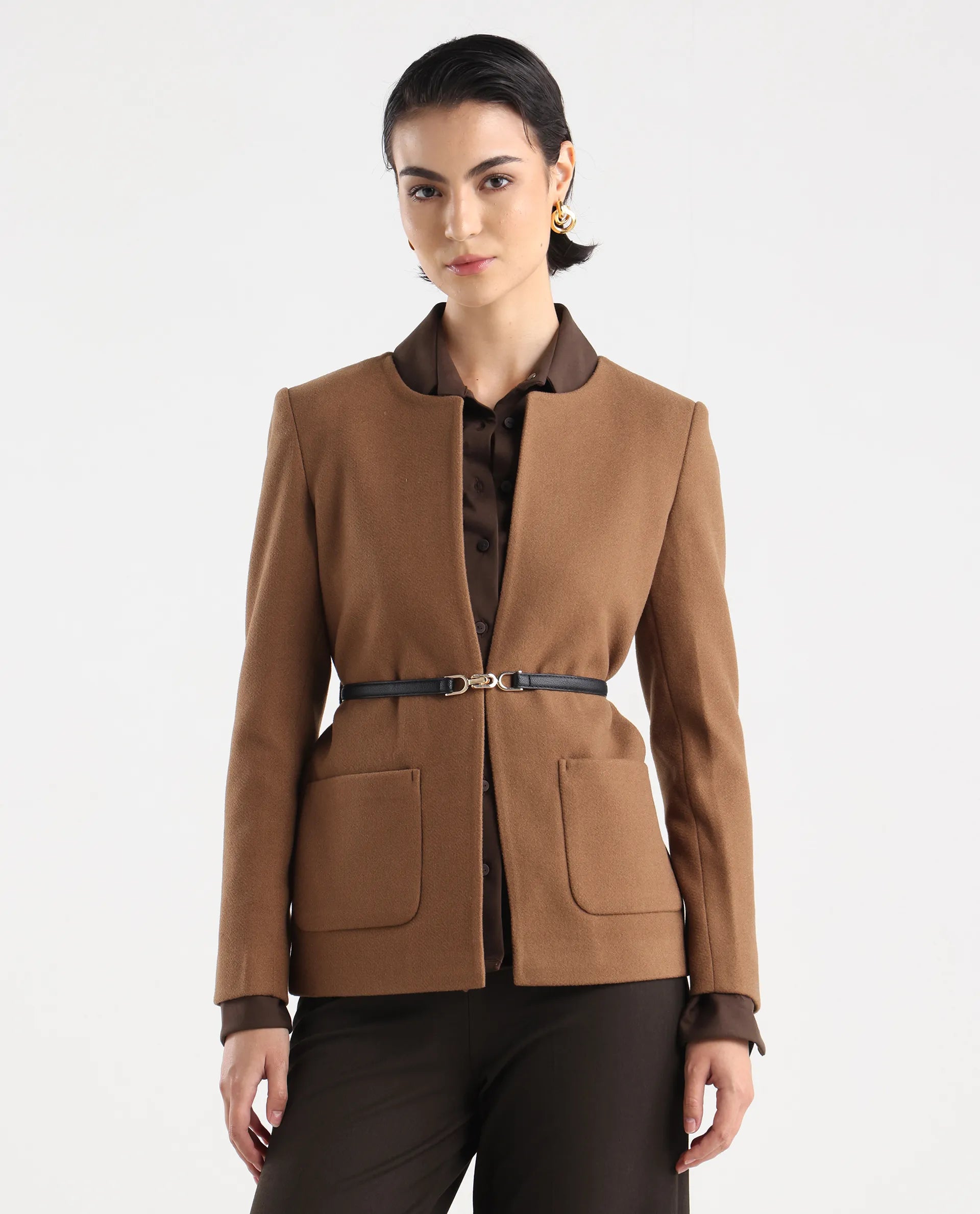 Rareism Women's Nexmar Tan Polyester Blend Jacket Plain Jacket