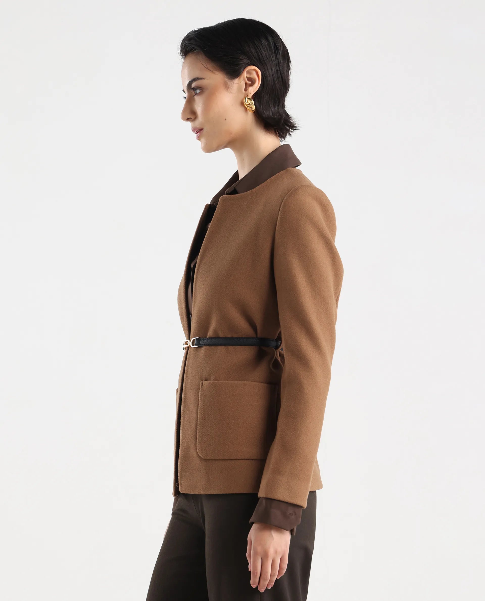 Rareism Women's Nexmar Tan Polyester Blend Jacket Plain Jacket