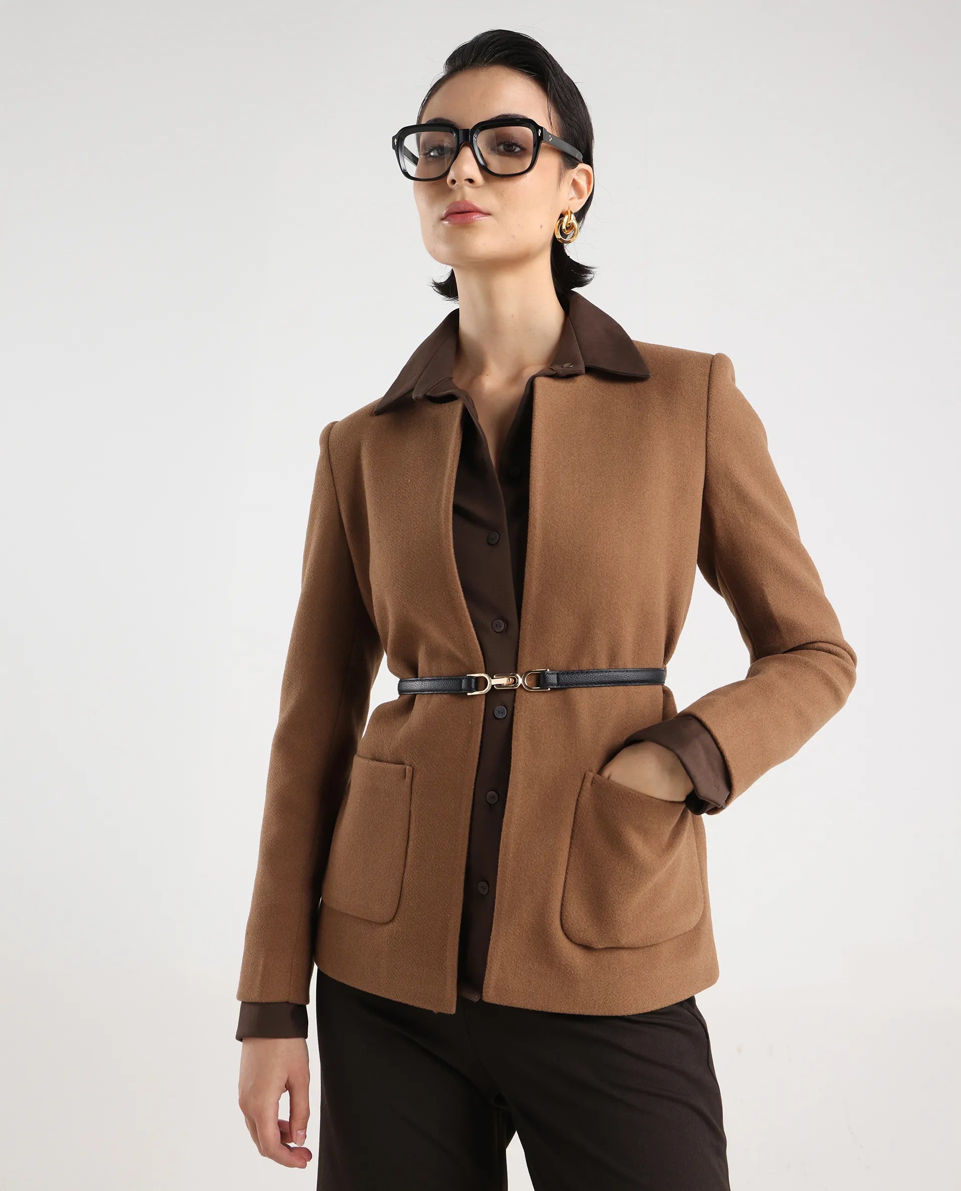 Rareism Women's Nexmar Tan Polyester Blend Jacket Plain Jacket