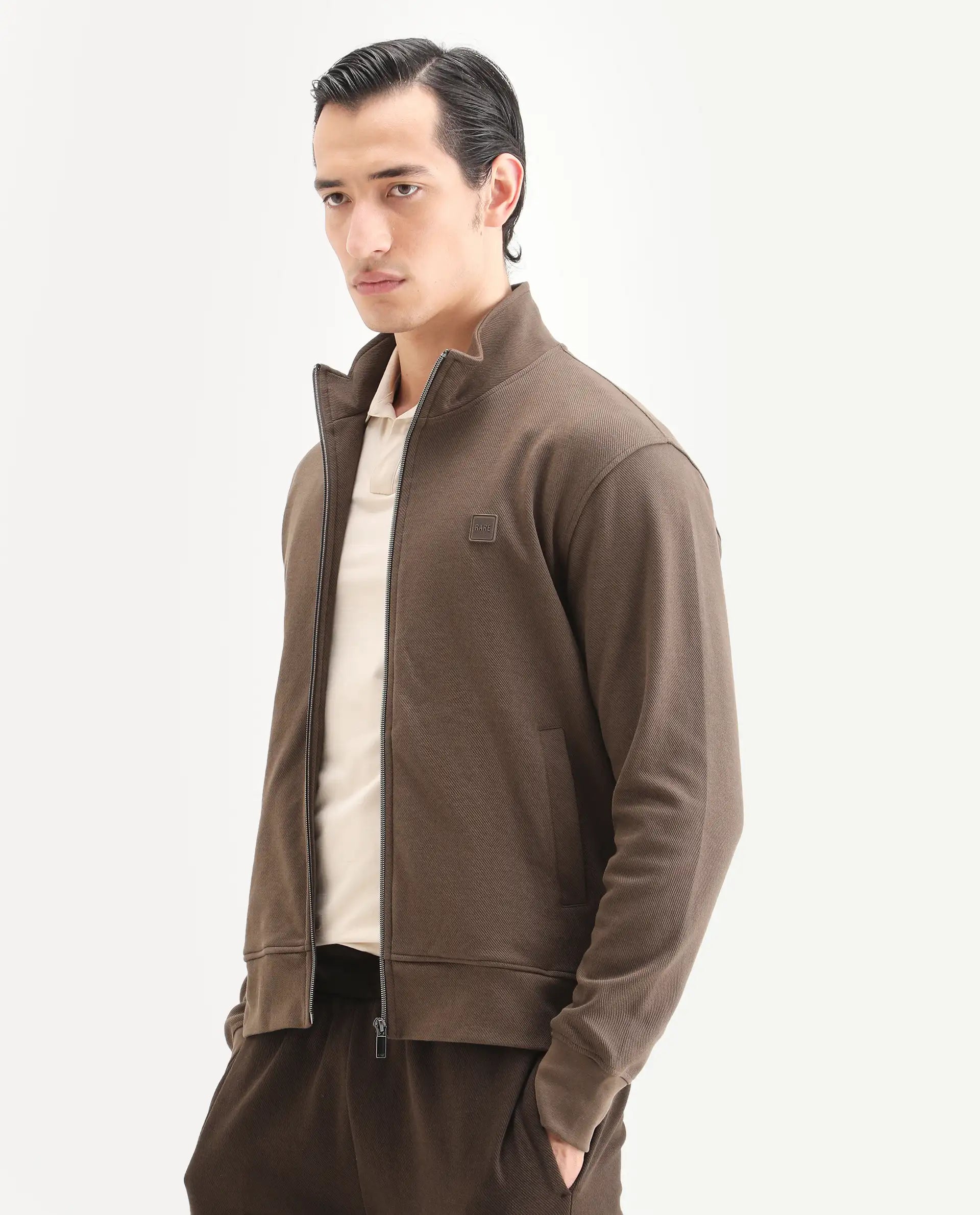 Rare Rabbit Men's Costo-J Dark Beige Polyester Blend Plain Relaxed Fit Full Sleeve High Neck Sweatshirt